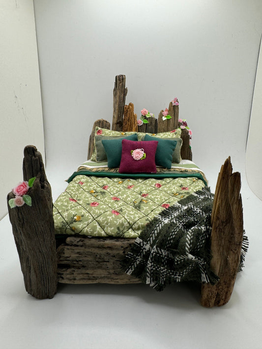 Dolls House Luxury Dressed 1/12th - 1:12 - 1 inch scale Handmade Driftwood bed - Fern