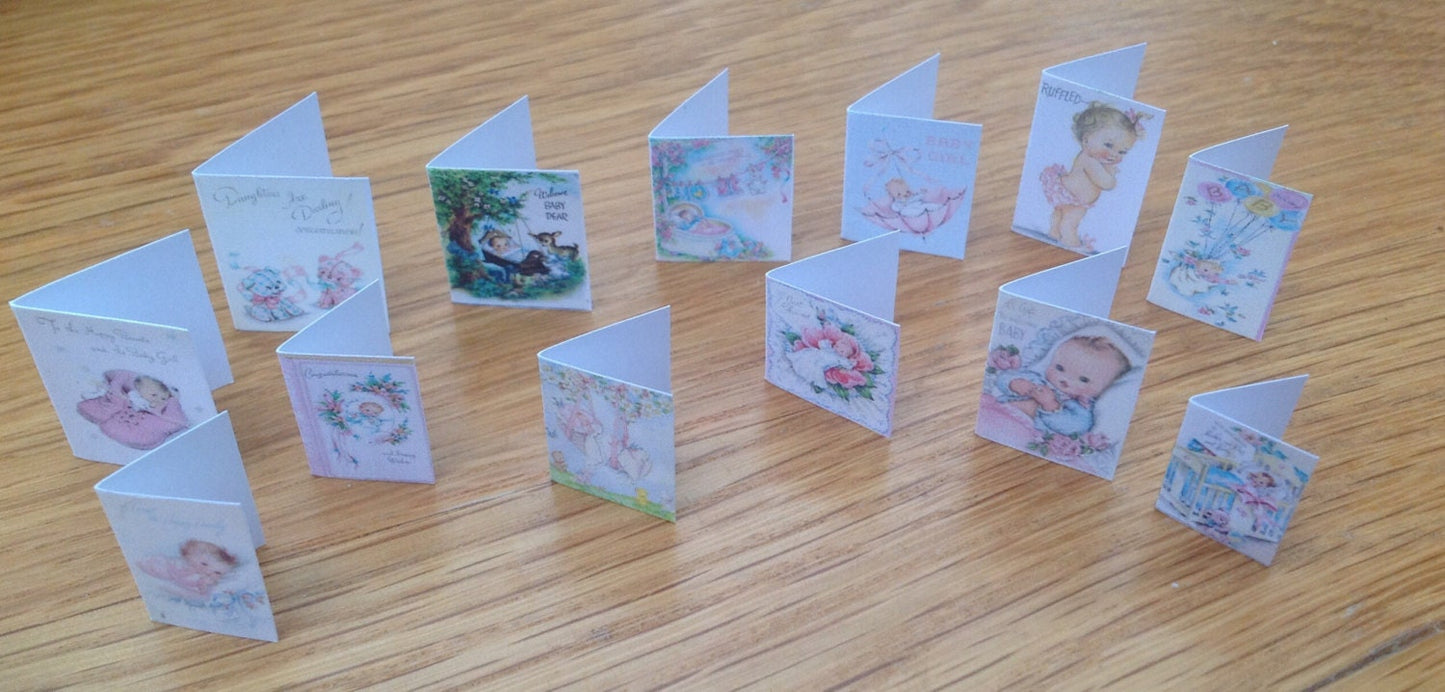 Dolls House Miniatures - baby girl Greetings cards (vintage style)