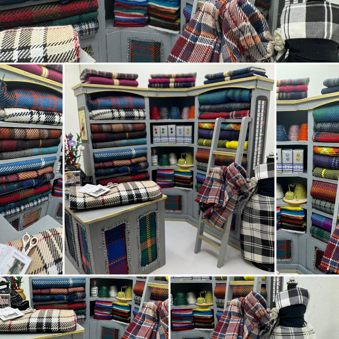 Dolls House Miniatures - 1/12th Tartan fabric Inspired Haberdashery Shop Shelves and counter and mannequin