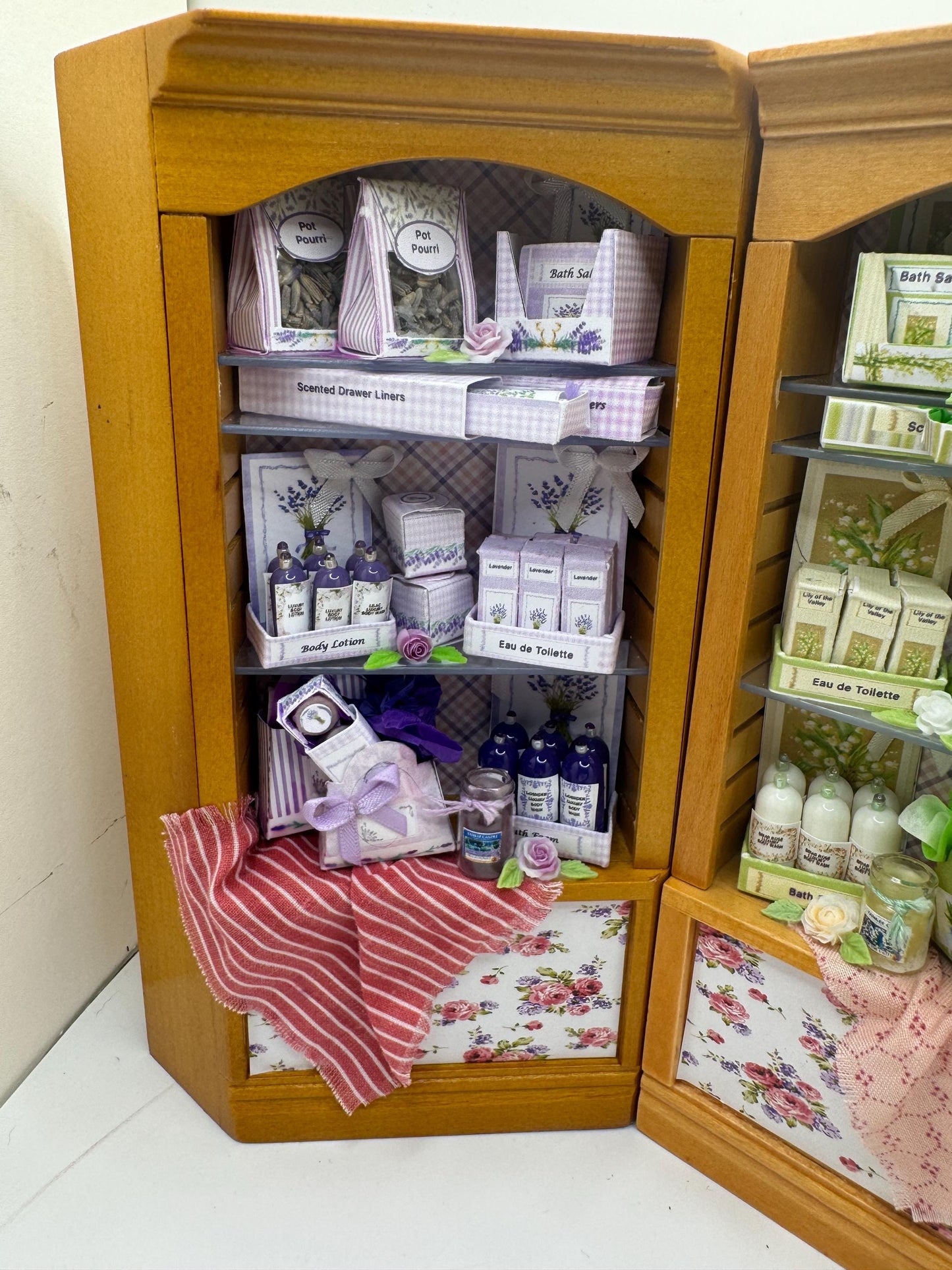 Dolls House Miniatures - Hand Made 1/12th - Perfumery / toiletries shop Shelves (2 variations)