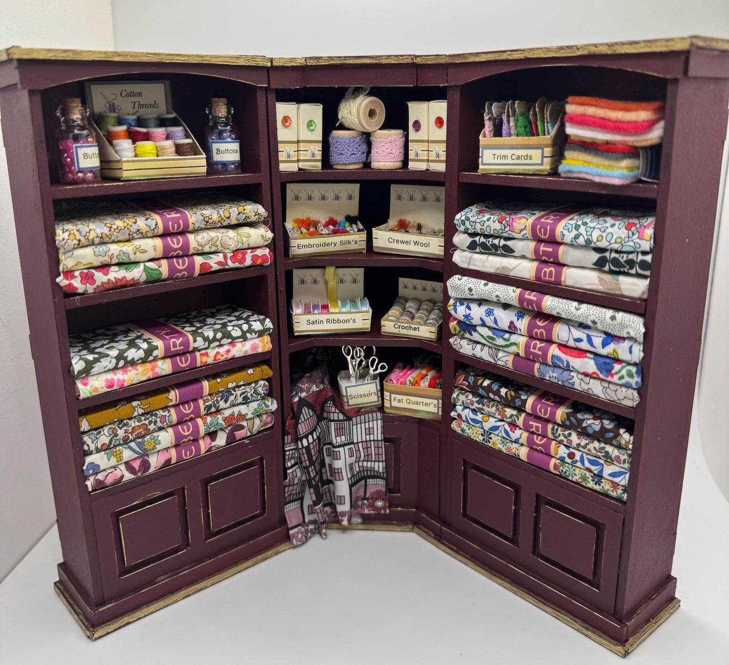 Dolls House Miniatures - 1/12th Liberty fabric and Inspired Haberdashery Shop Shelves (2 pc)