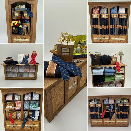 Dolls House Miniatures - Hand Made 1/12th - Gentlemans outfitters / shirt shop shelves (various)