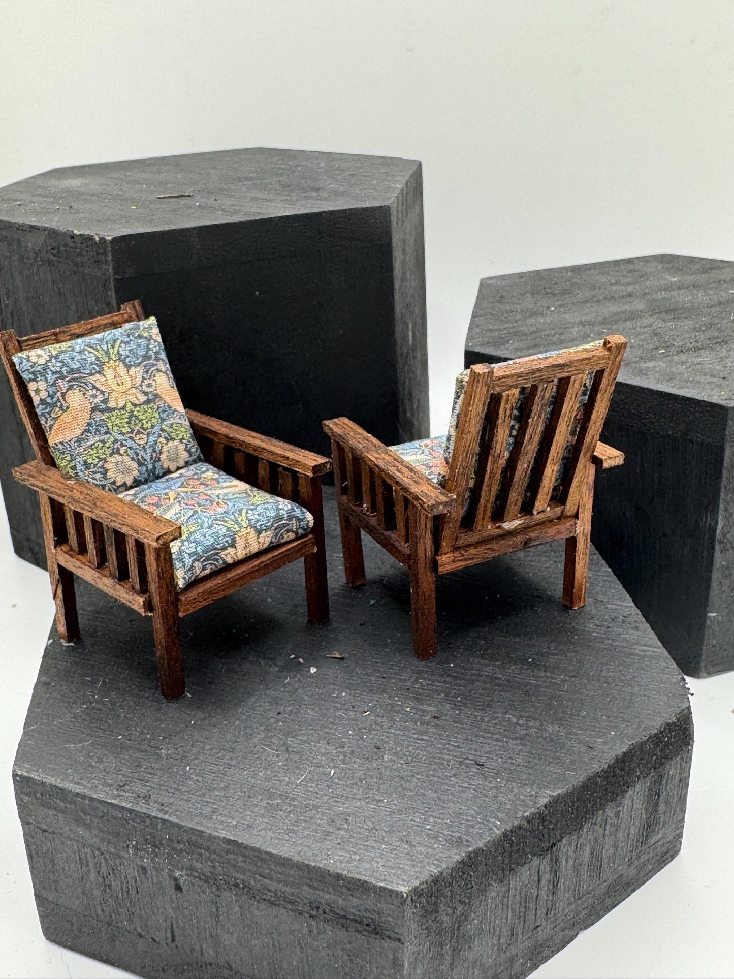 Dolls House Miniatures 1/24th / 1:24th / Half Inch Scale - arts and crafts chairs x2 William Morris’s fabric