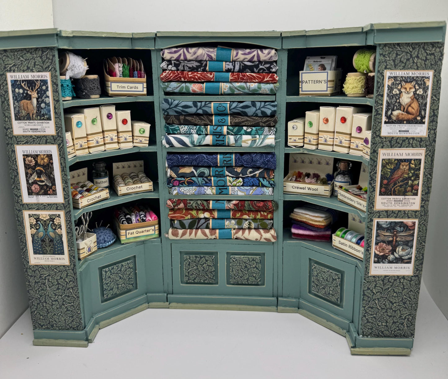 Dolls House Miniatures - 1/12th William Morris fabric and Inspired Haberdashery Shop Shelves