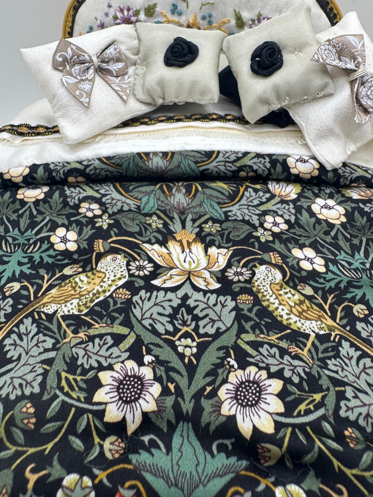 Dolls House Luxury Dressed 1/12th - 1:12 - 1 inch scale French Double bed with Hand Embroidery - William Morris / Liberty Silk bedding