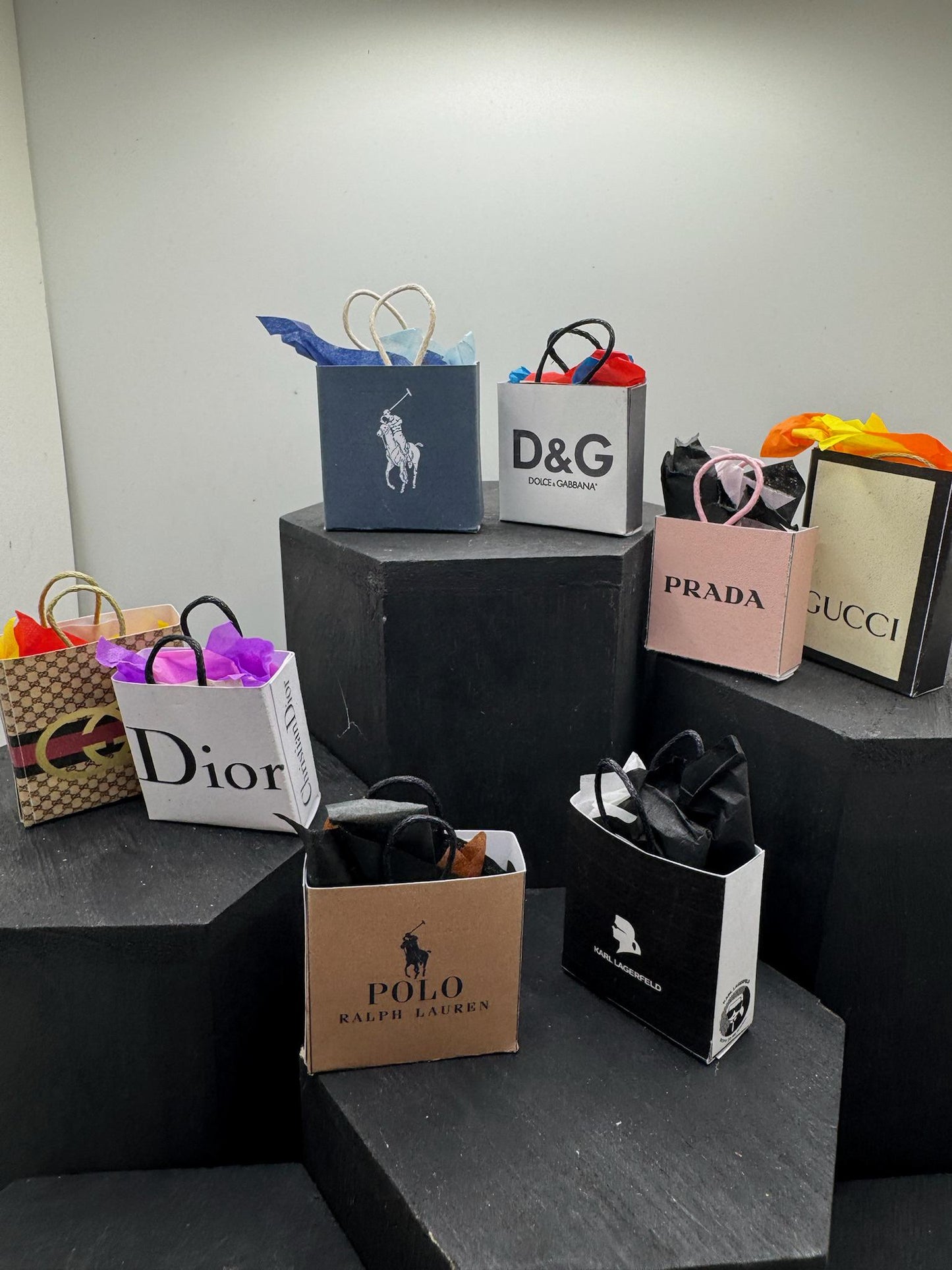 Dolls House Miniatures- 1/12th Shopping Bags x8 - SET 13 - High End Fashion