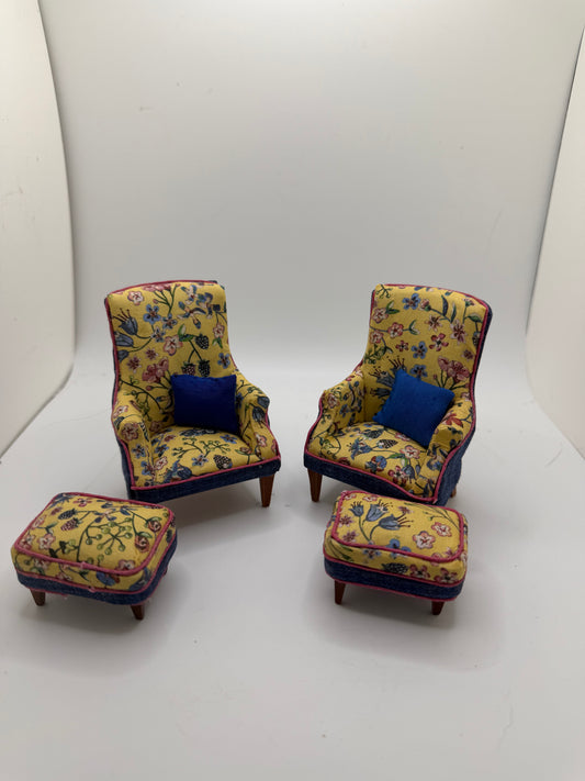 1/12th  Yellow Floral Armchair / footstool x 1