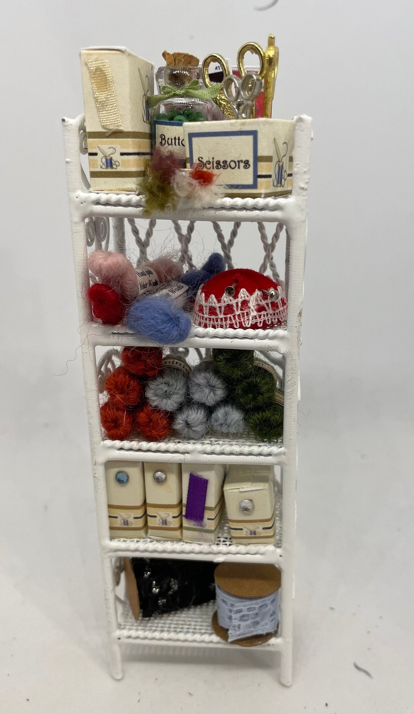 Dolls House Miniatures - Hand Made 1/12th  -  White Wire Haberdashery / Sewing Shelves
