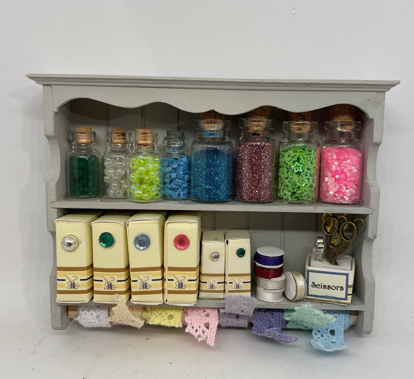 Dolls House Miniatures - 1/12th  -  Grey Haberdashery / Sewing Wall Shelves