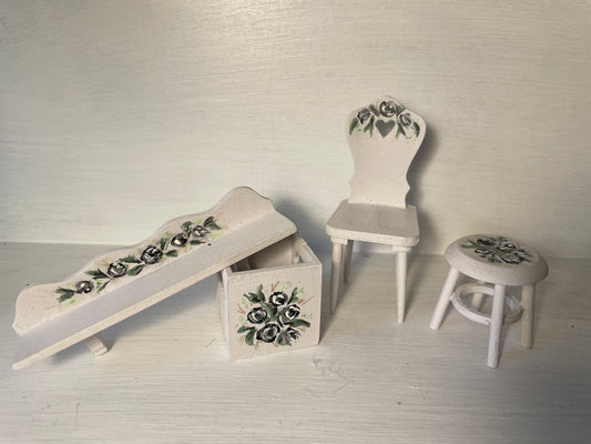 DOLLS HOUSE MINIATURES - Pale Grey  Rosy Wooden Accessories