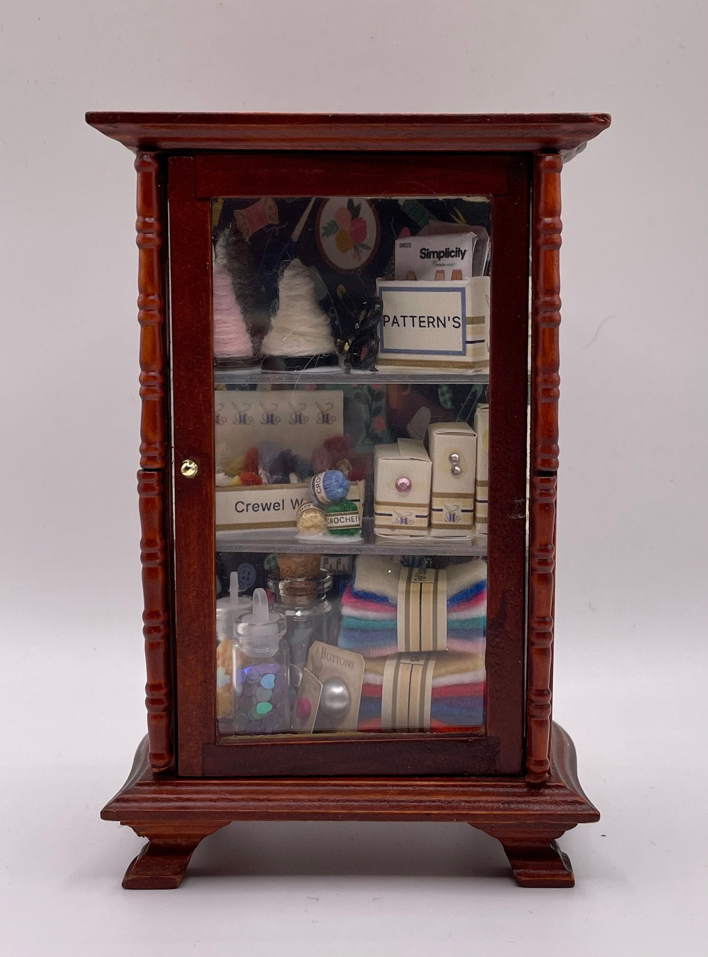 Dolls House Miniatures - 1/12th Haberdashery / Sewing Mahogany cupboard