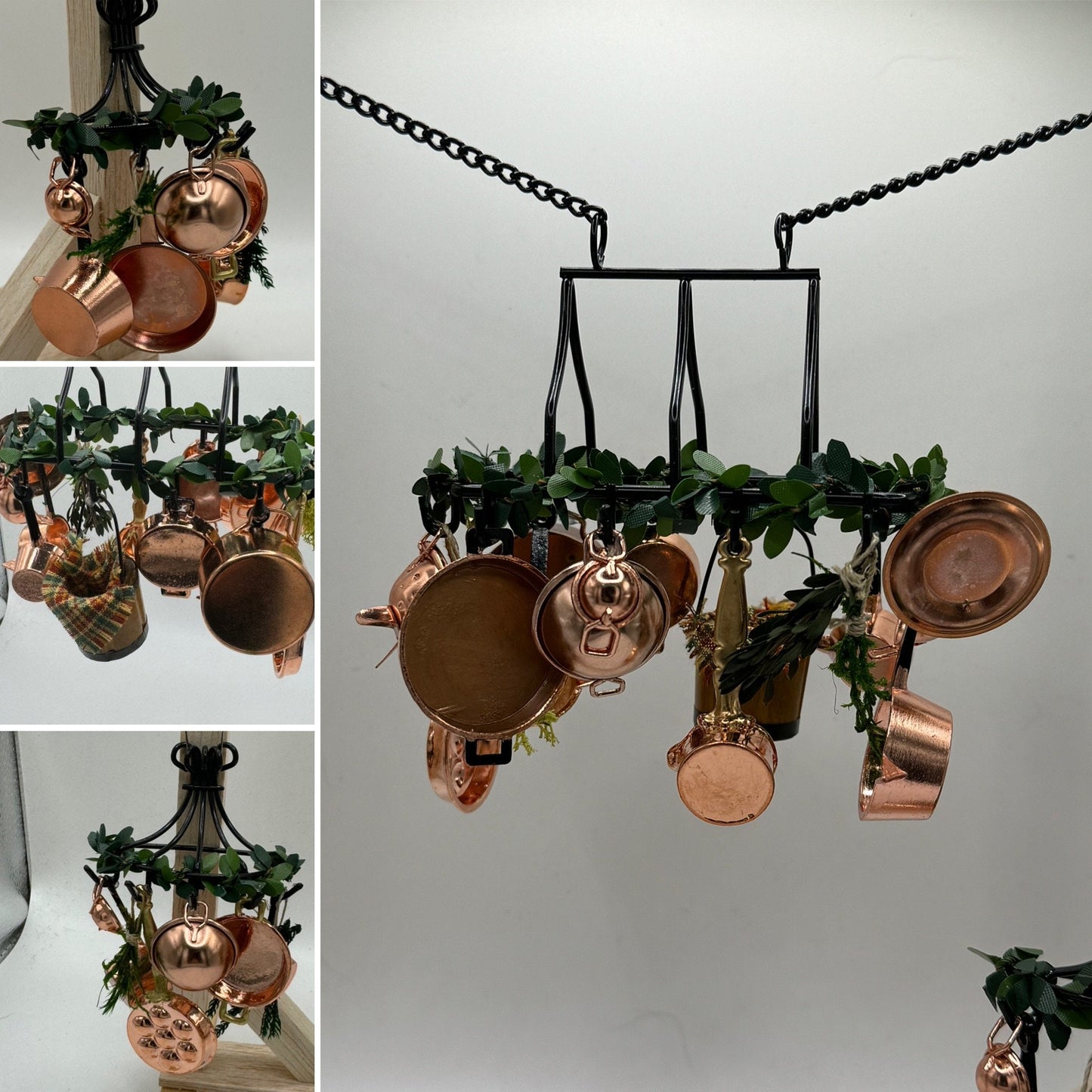 Dolls House Miniatures - kitchen pot hangers with copper saucepan - various options