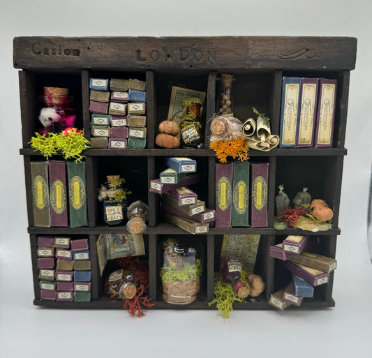 Dolls House Miniatures - 1/12th Spooky Shelves / vintage print press box