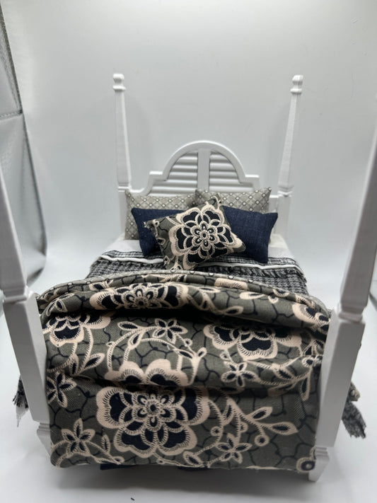 Dolls House Dressed 1/12th Double Poster Bed - Lady Mary - Downton Abbey themed fabrics