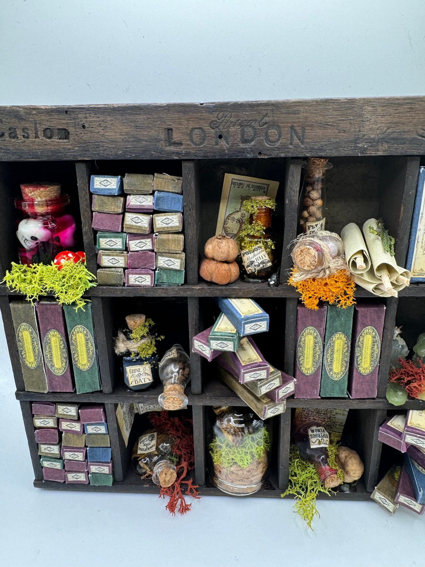 Dolls House Miniatures - 1/12th Spooky Shelves / vintage print press box