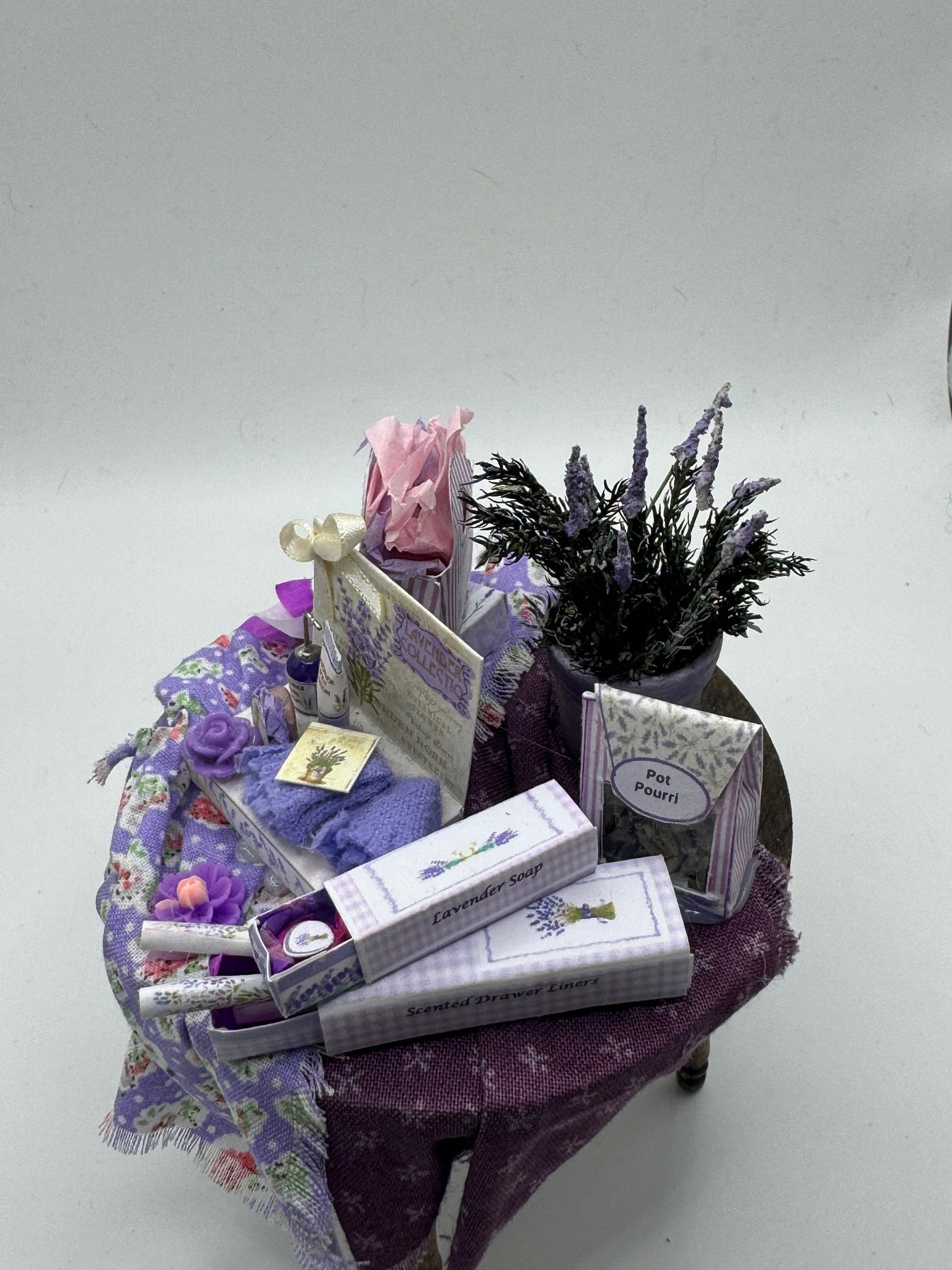 Dolls House Miniatures - 1/12th Perfume Shop display / lavender toiletries and perfumes