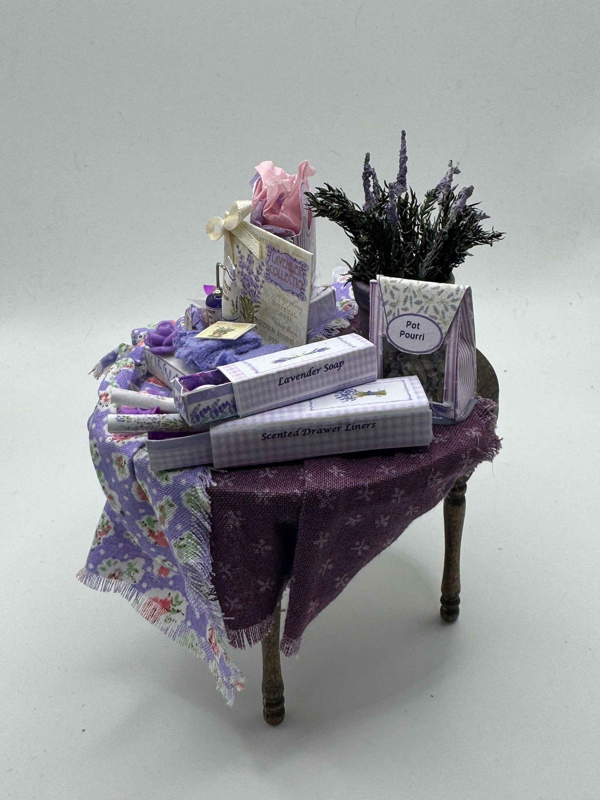 Dolls House Miniatures - 1/12th Perfume Shop display / lavender toiletries and perfumes