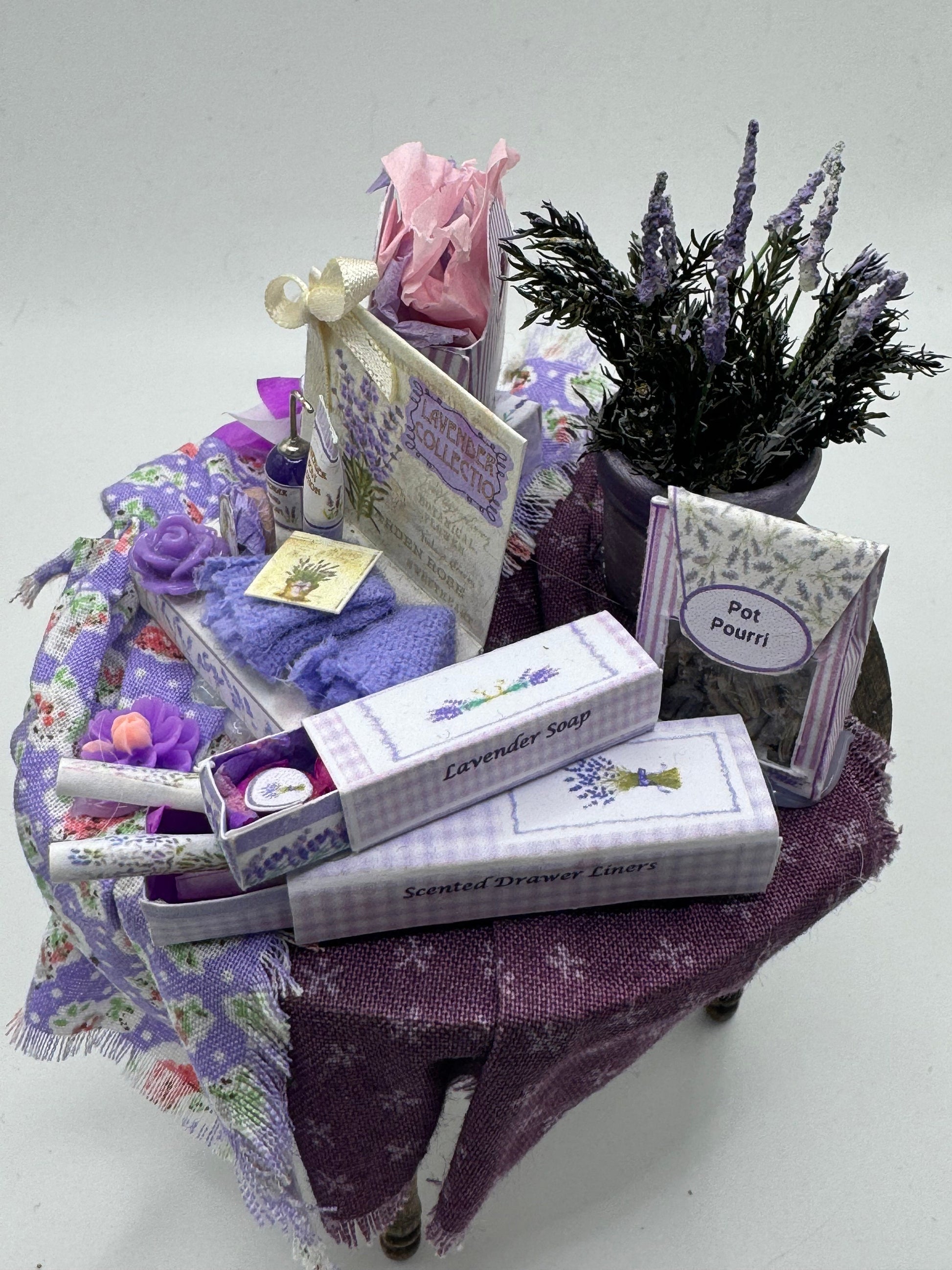 Dolls House Miniatures - 1/12th Perfume Shop display / lavender toiletries and perfumes