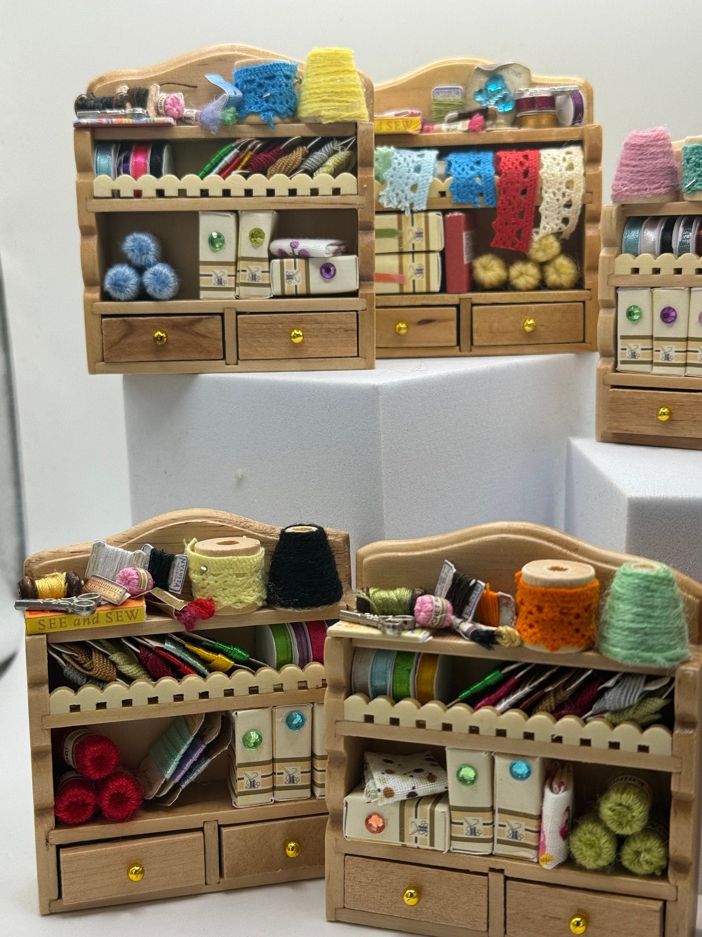 Dolls House Miniatures - 1/12th Haberdashery / Sewing Shelf - Pine