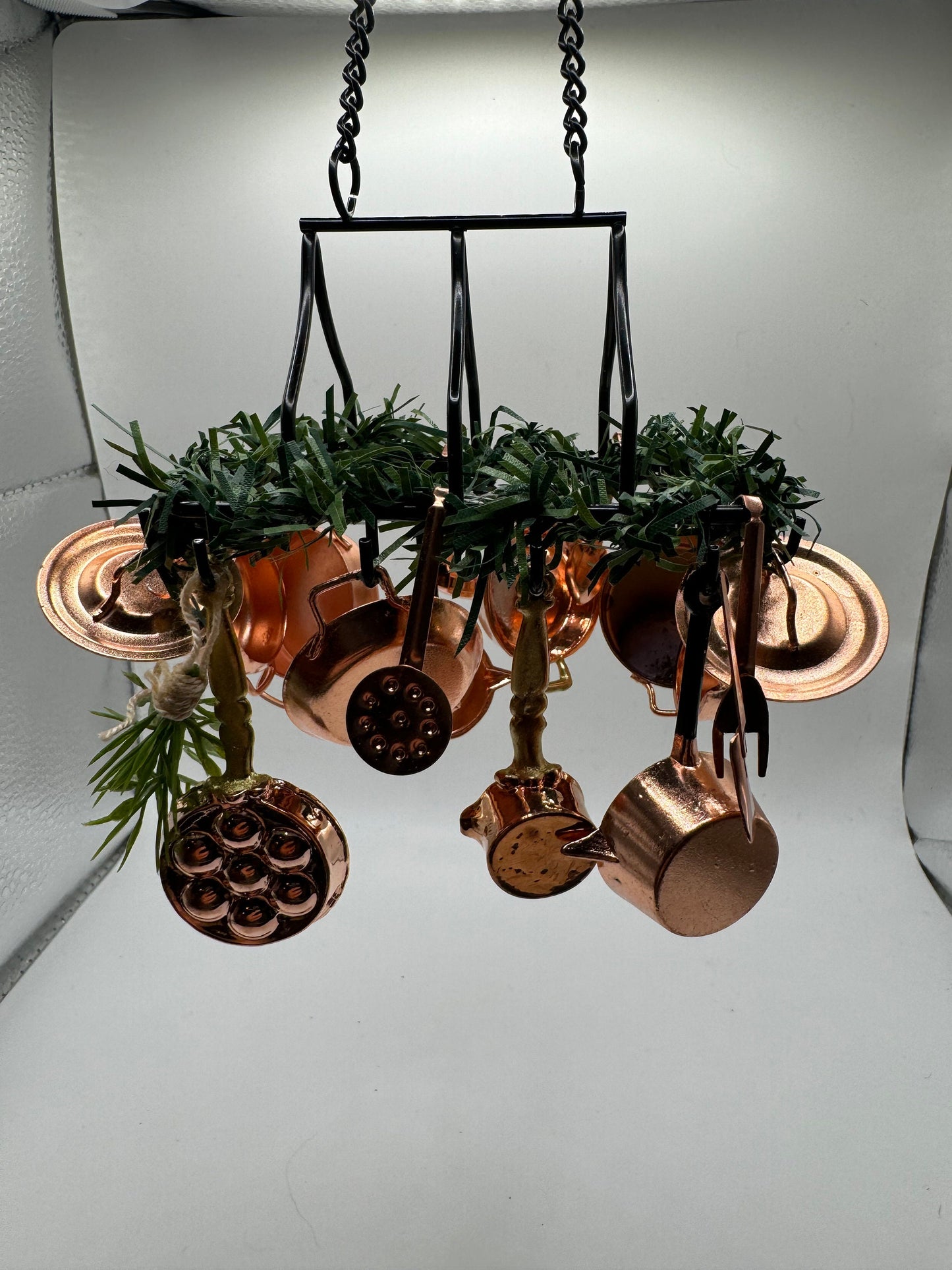 Dolls House Miniatures - kitchen pot hangers with copper saucepan - various options