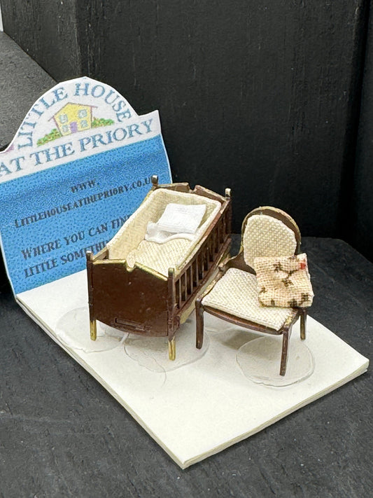 Dolls House Miniatures - Hand Made Cot and Nursing Chair (1/48th / 1:48 / Quarter Scale )