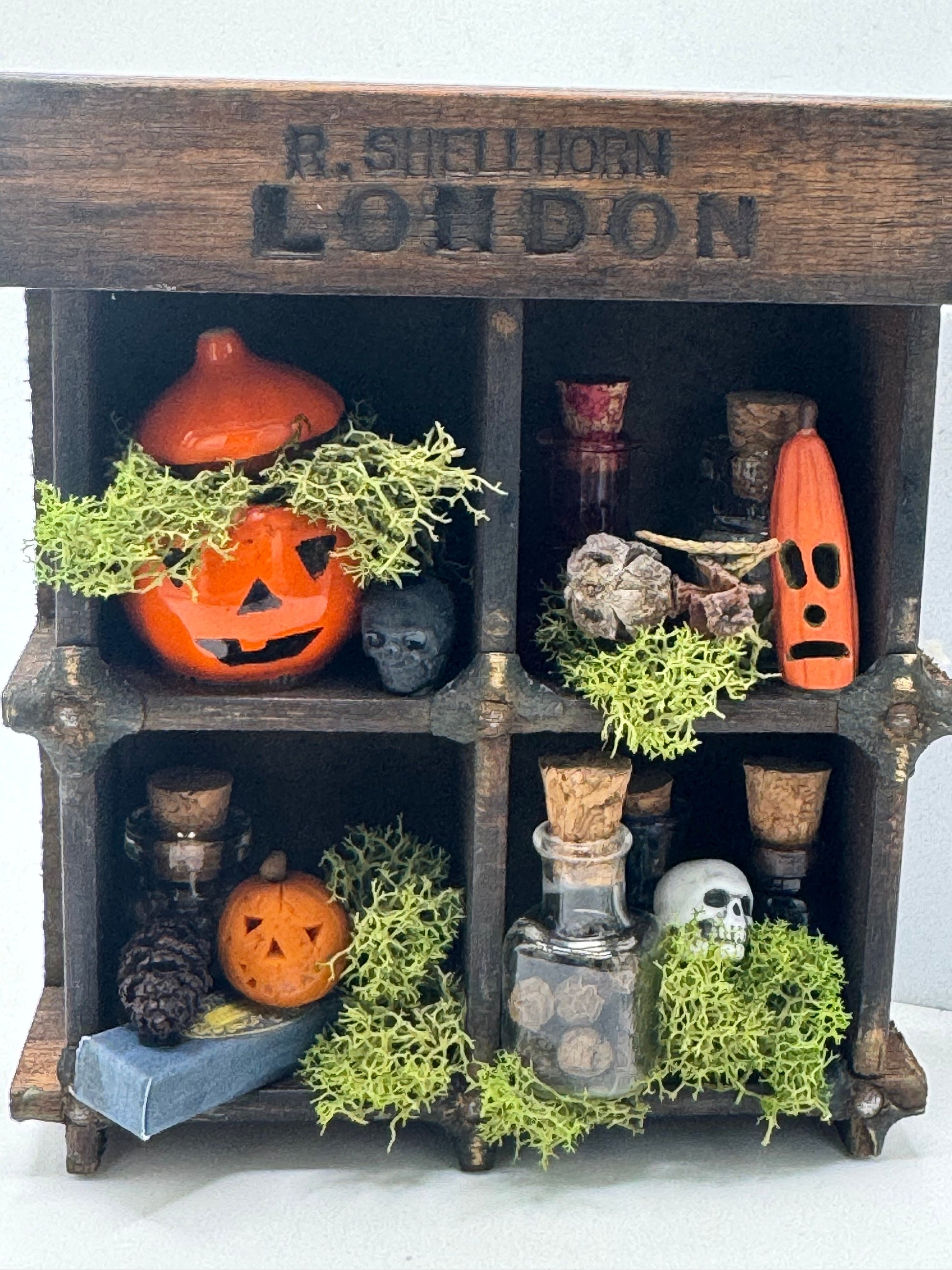 Dolls House Miniatures - 1/12th Spooky Shelves / vintage print press box