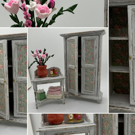 Dolls House Miniatures - 1/12th / 1:12 / inch scale.    Shabby Chic Bedroom Furniture ( wardrobe / washstand option )