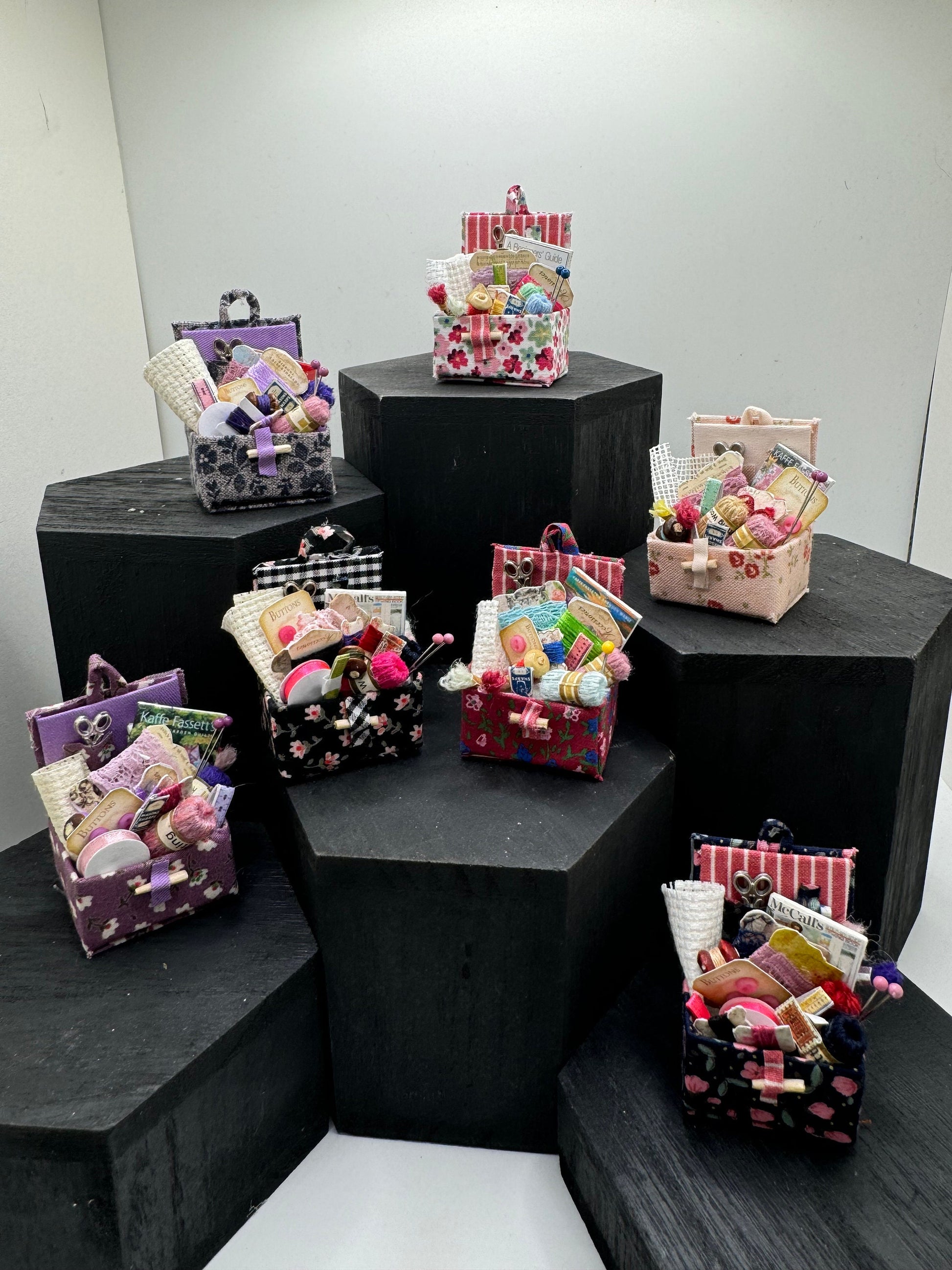 DOLLS HOUSE MINIATURES - 1/12th Sewing Box / Basket and accessories x 1 (7 options)