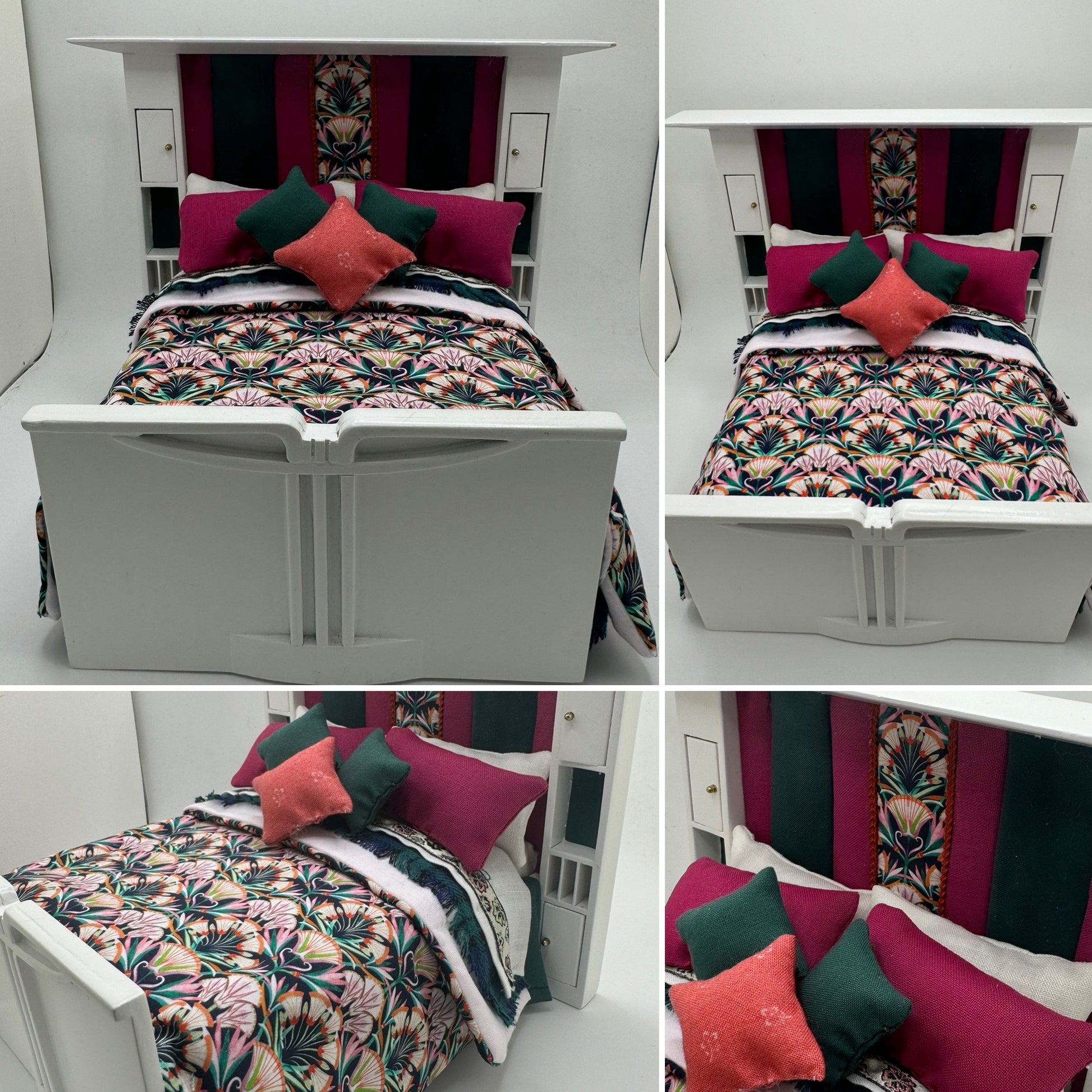 Dolls House Luxury Dressed 1/12th - 1:12 - 1 inch scale Double ( Charles Rennie Mackintosh ) bed with Liberty fabrics - Greta