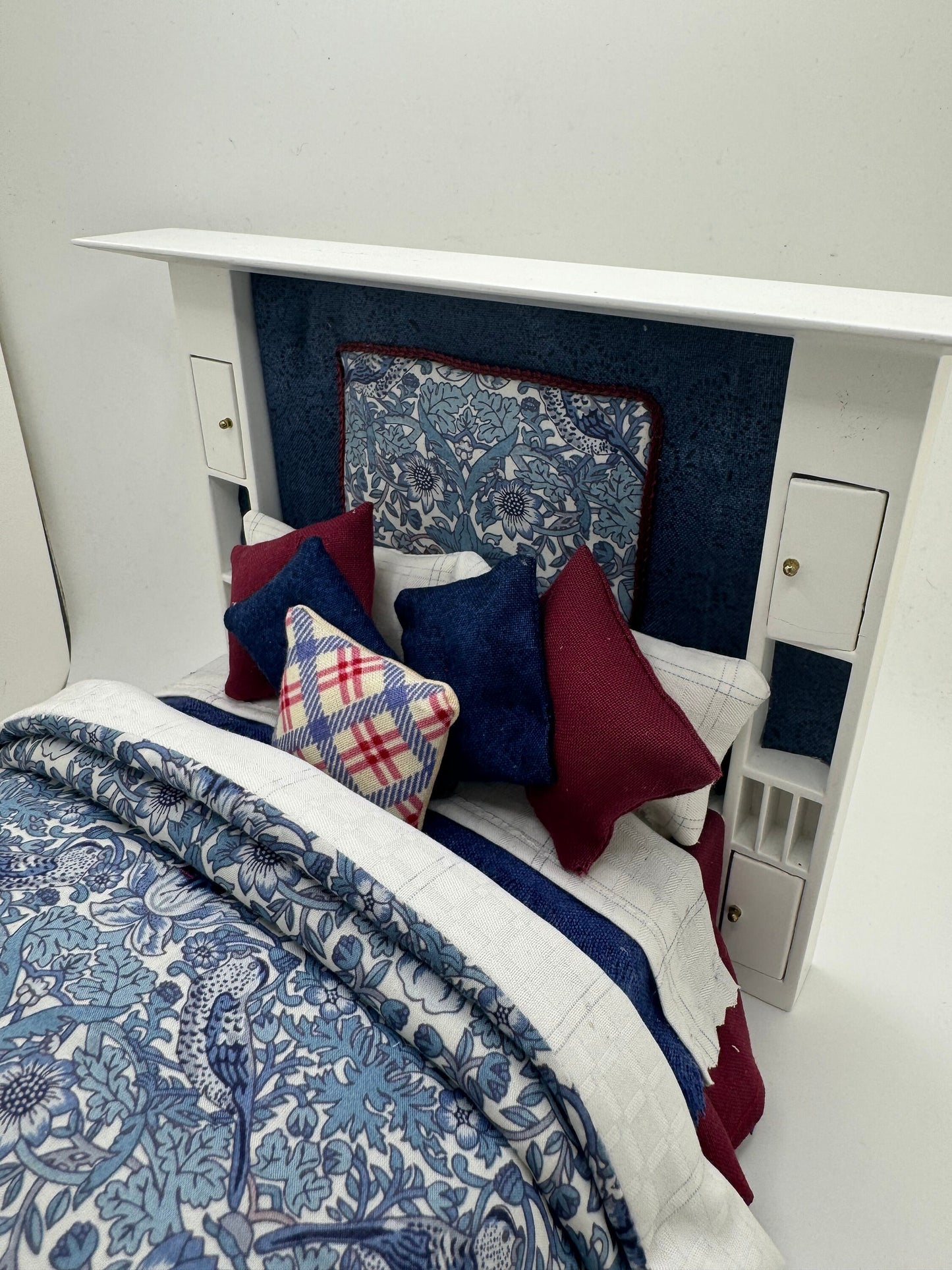 Dolls House Luxury Dressed 1/12th - 1:12 - 1 inch scale Double ( Charles Rennie Mackintosh ) bed with Liberty fabrics - Jane