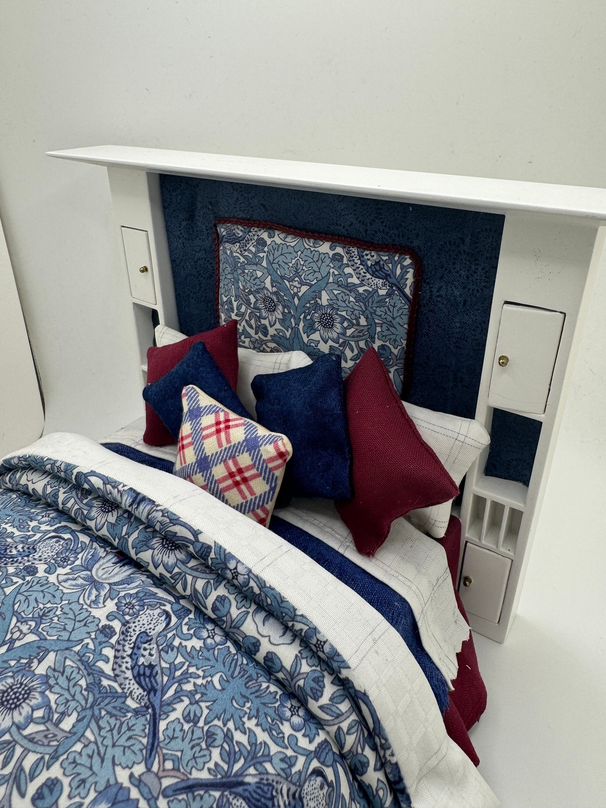 Dolls House Luxury Dressed 1/12th - 1:12 - 1 inch scale Double ( Charles Rennie Mackintosh ) bed with Liberty fabrics - Jane
