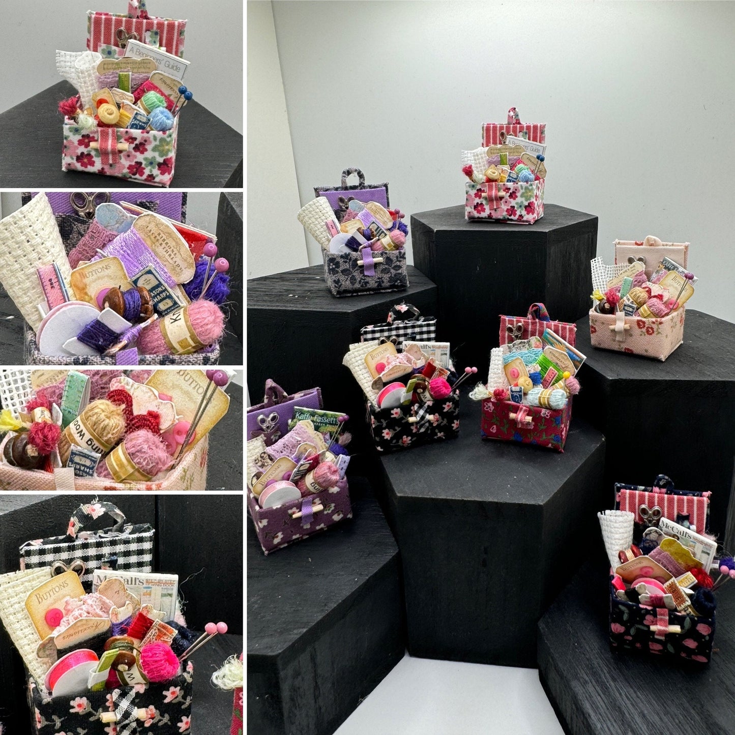 DOLLS HOUSE MINIATURES - 1/12th Sewing Box / Basket and accessories x 1 (7 options)