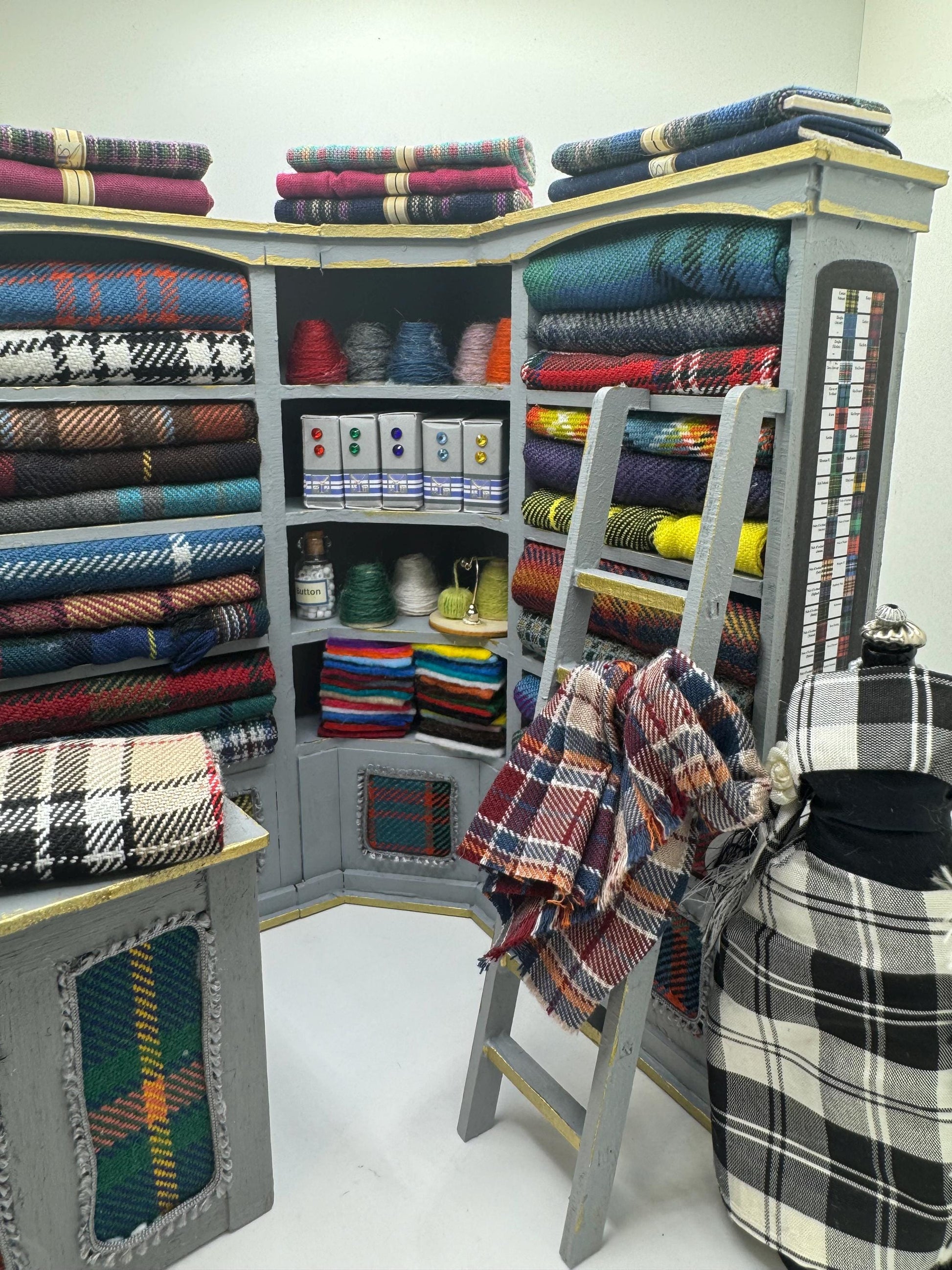 Dolls House Miniatures - 1/12th  Tartan fabric Inspired Haberdashery Shop Shelves and counter and mannequin
