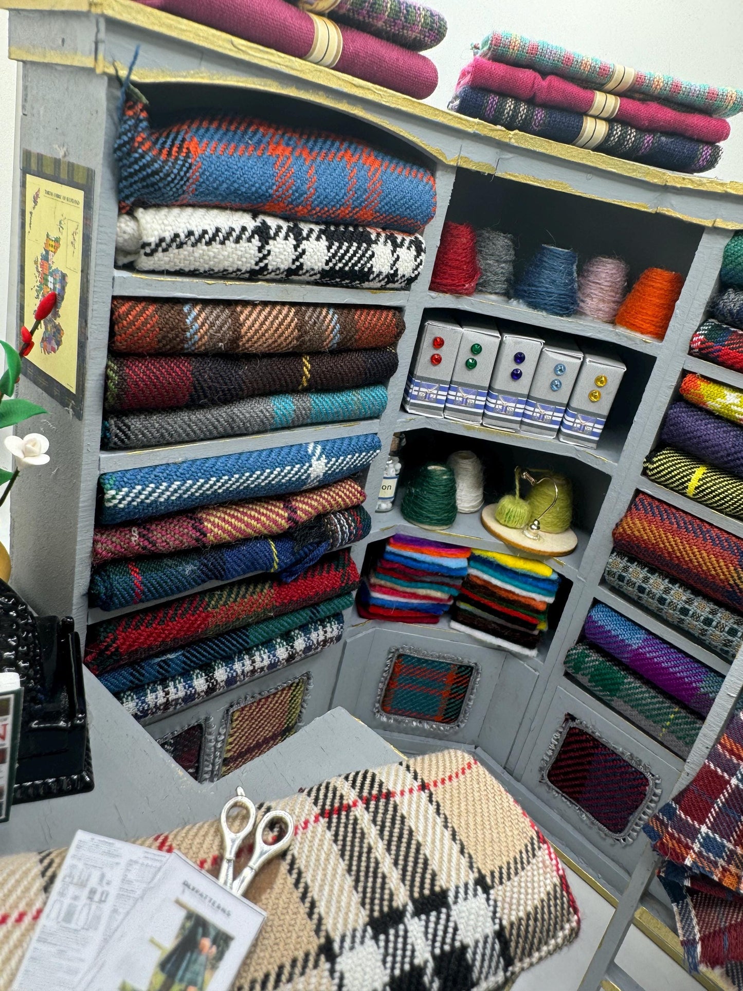 Dolls House Miniatures - 1/12th  Tartan fabric Inspired Haberdashery Shop Shelves and counter and mannequin