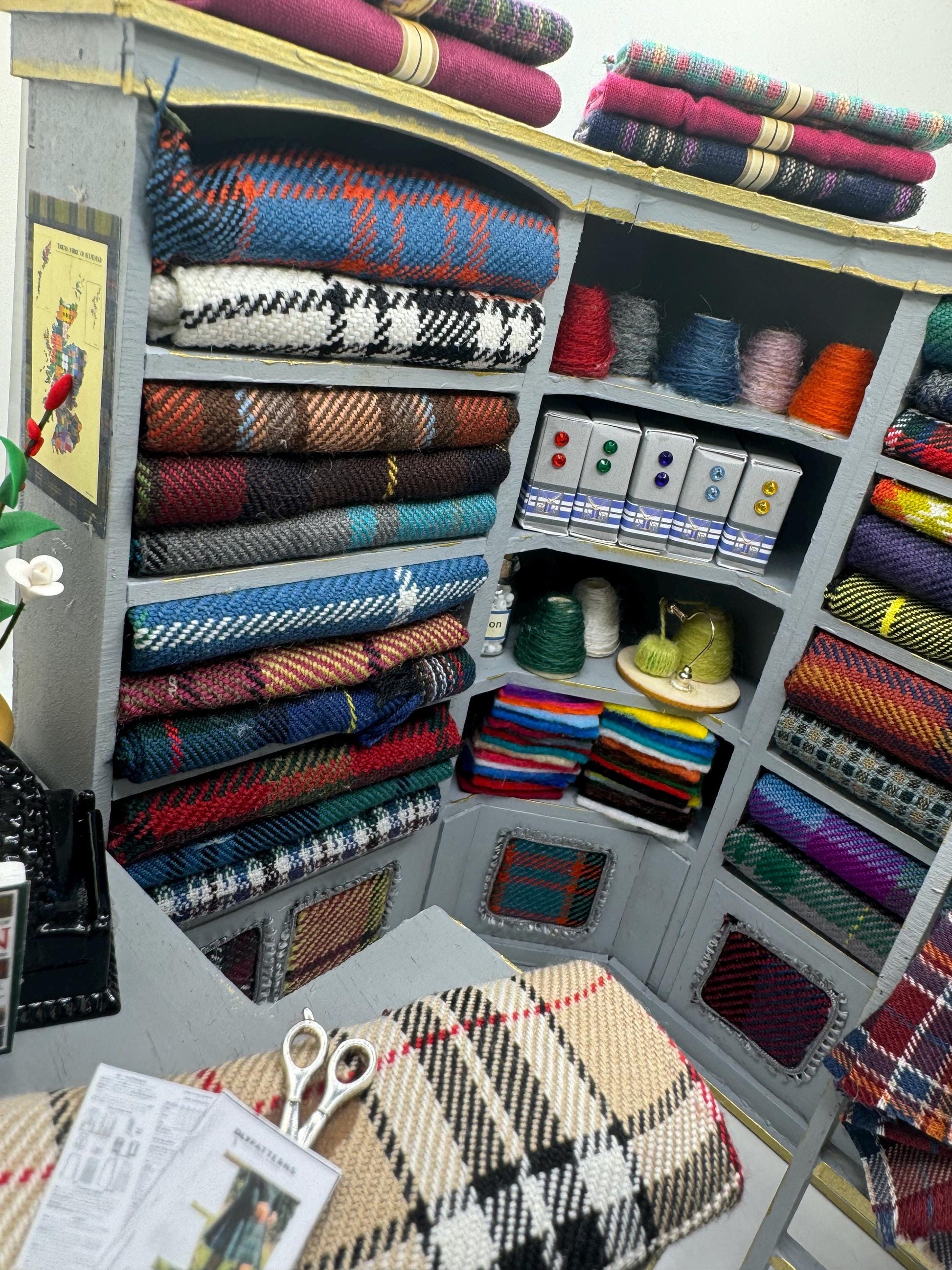 Dolls House Miniatures - 1/12th  Tartan fabric Inspired Haberdashery Shop Shelves and counter and mannequin