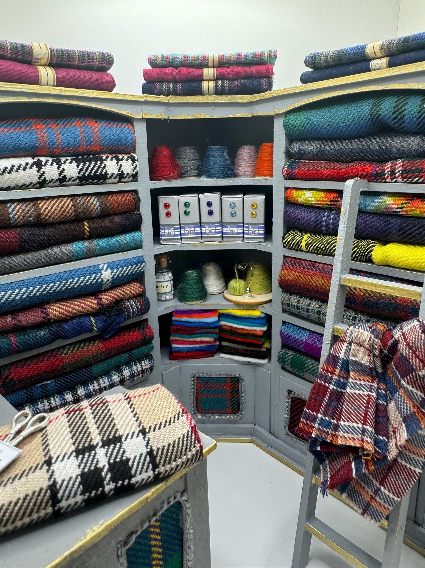 Dolls House Miniatures - 1/12th  Tartan fabric Inspired Haberdashery Shop Shelves and counter and mannequin