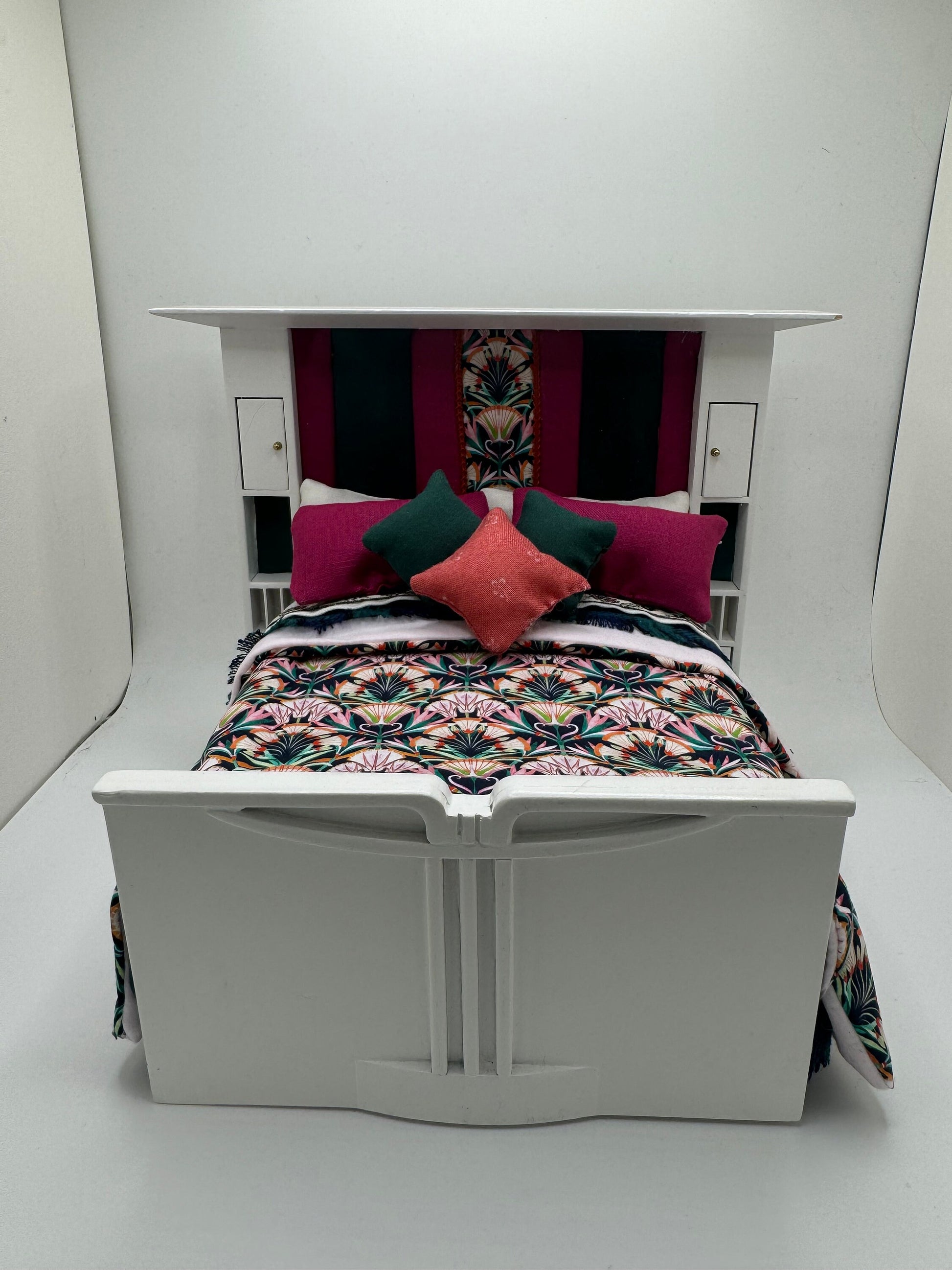 Dolls House Luxury Dressed 1/12th - 1:12 - 1 inch scale Double ( Charles Rennie Mackintosh ) bed with Liberty fabrics - Greta