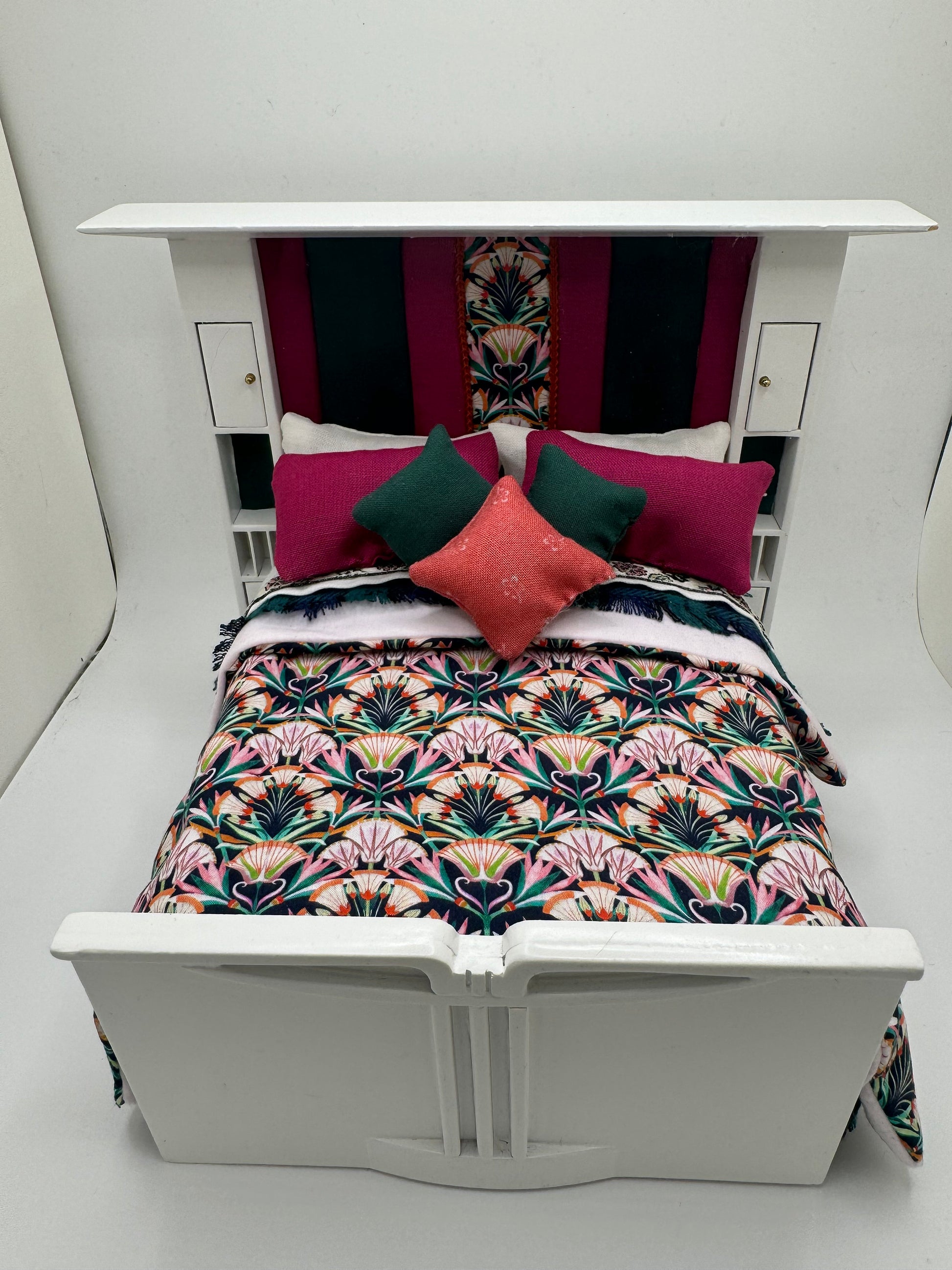 Dolls House Luxury Dressed 1/12th - 1:12 - 1 inch scale Double ( Charles Rennie Mackintosh ) bed with Liberty fabrics - Greta