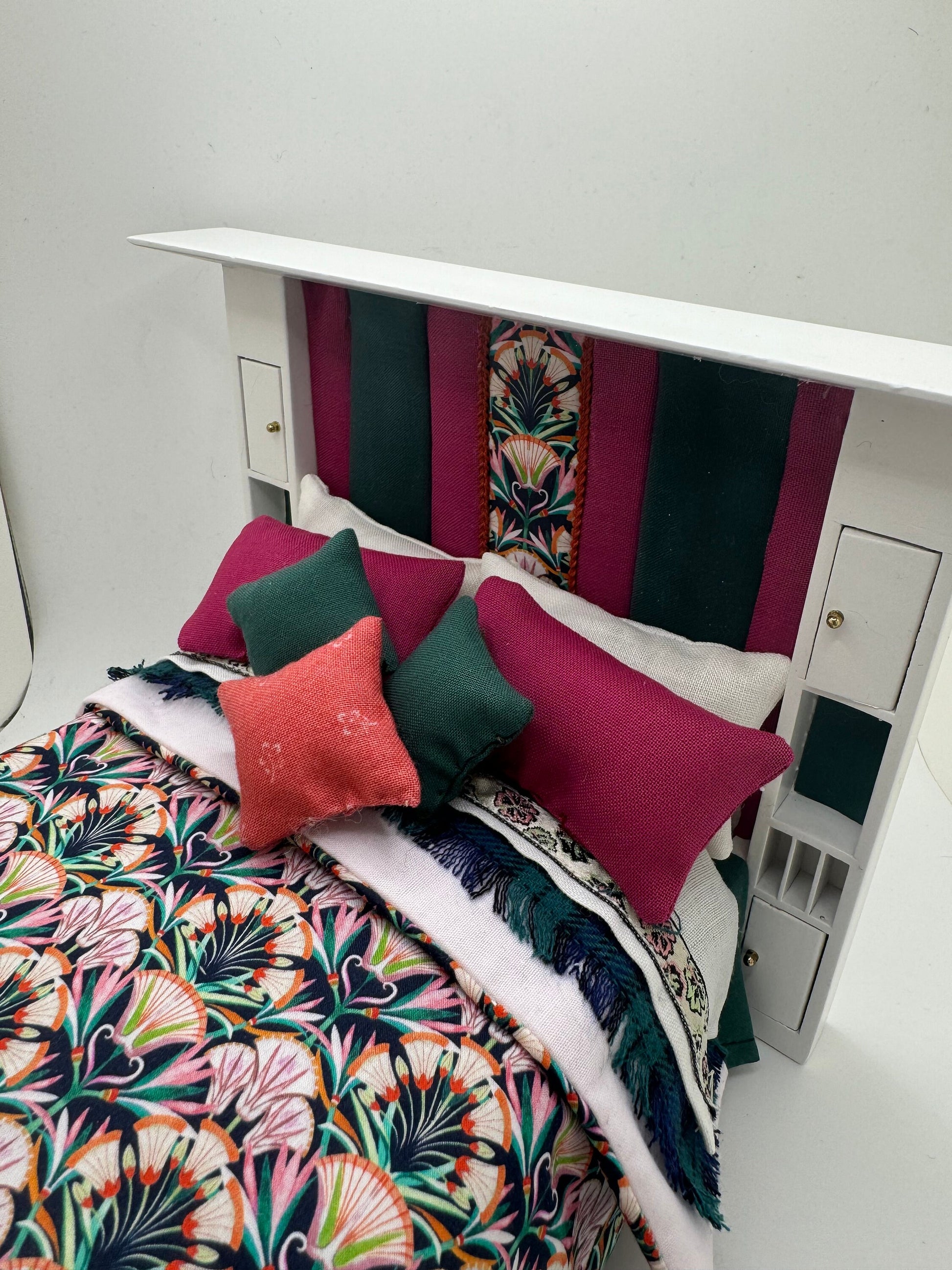 Dolls House Luxury Dressed 1/12th - 1:12 - 1 inch scale Double ( Charles Rennie Mackintosh ) bed with Liberty fabrics - Greta