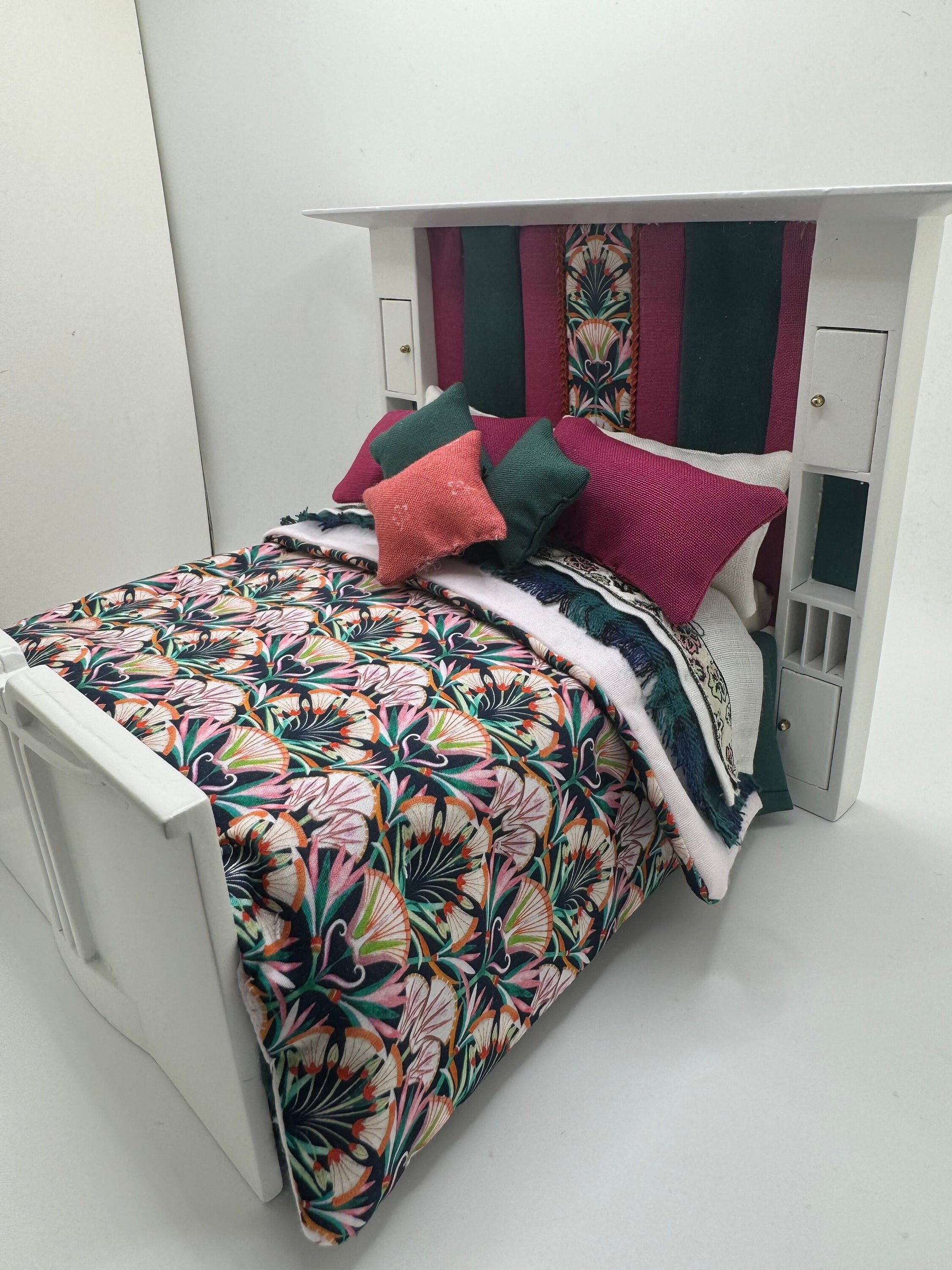 Dolls House Luxury Dressed 1/12th - 1:12 - 1 inch scale Double ( Charles Rennie Mackintosh ) bed with Liberty fabrics - Greta
