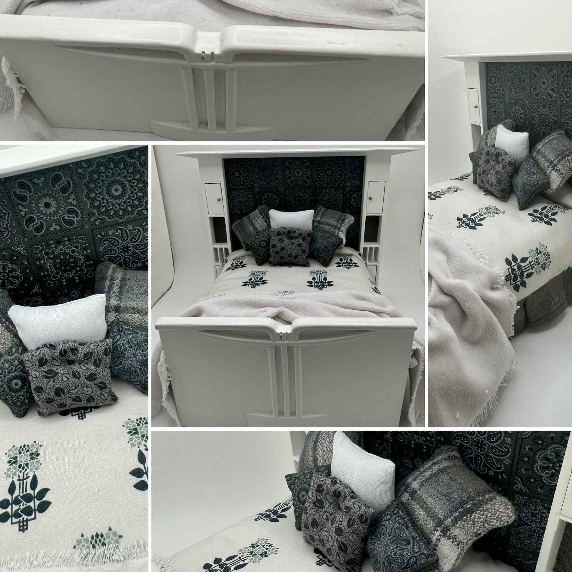 Dolls House Luxury Dressed 1/12th - 1:12 - 1 inch scale Double ( Charles Rennie Mackintosh ) bed with Liberty fabrics - Libby