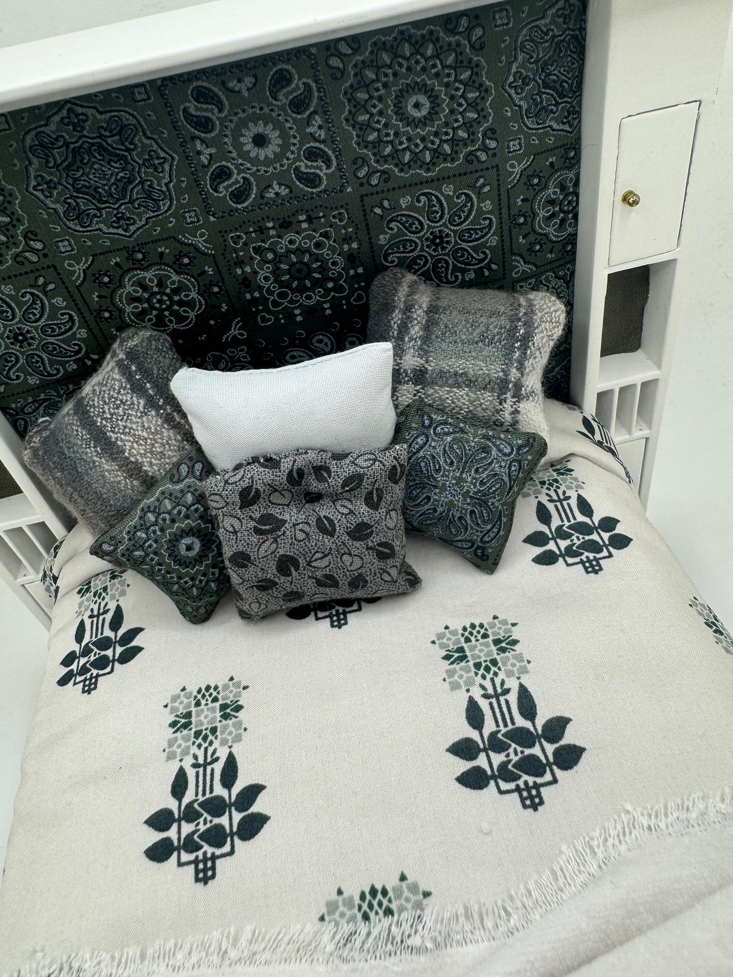 Dolls House Luxury Dressed 1/12th - 1:12 - 1 inch scale Double ( Charles Rennie Mackintosh ) bed with Liberty fabrics - Libby