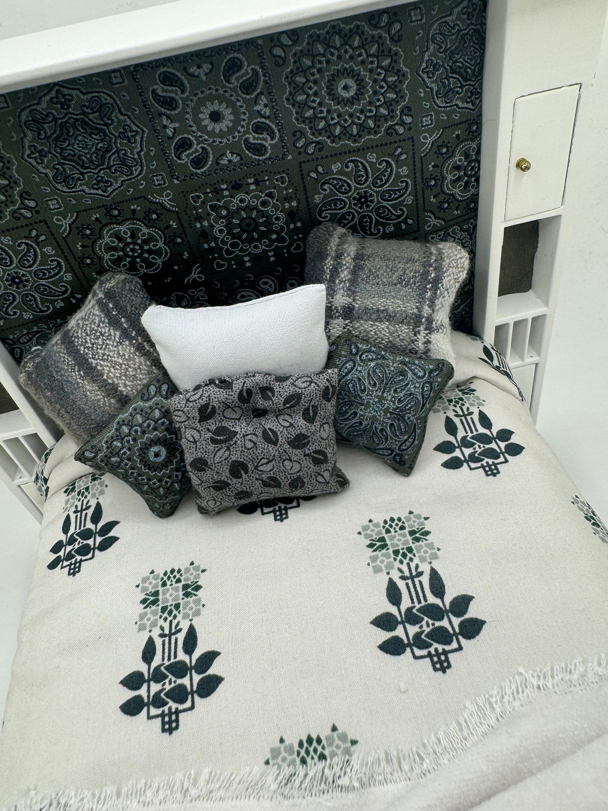 Dolls House Luxury Dressed 1/12th - 1:12 - 1 inch scale Double ( Charles Rennie Mackintosh ) bed with Liberty fabrics - Libby