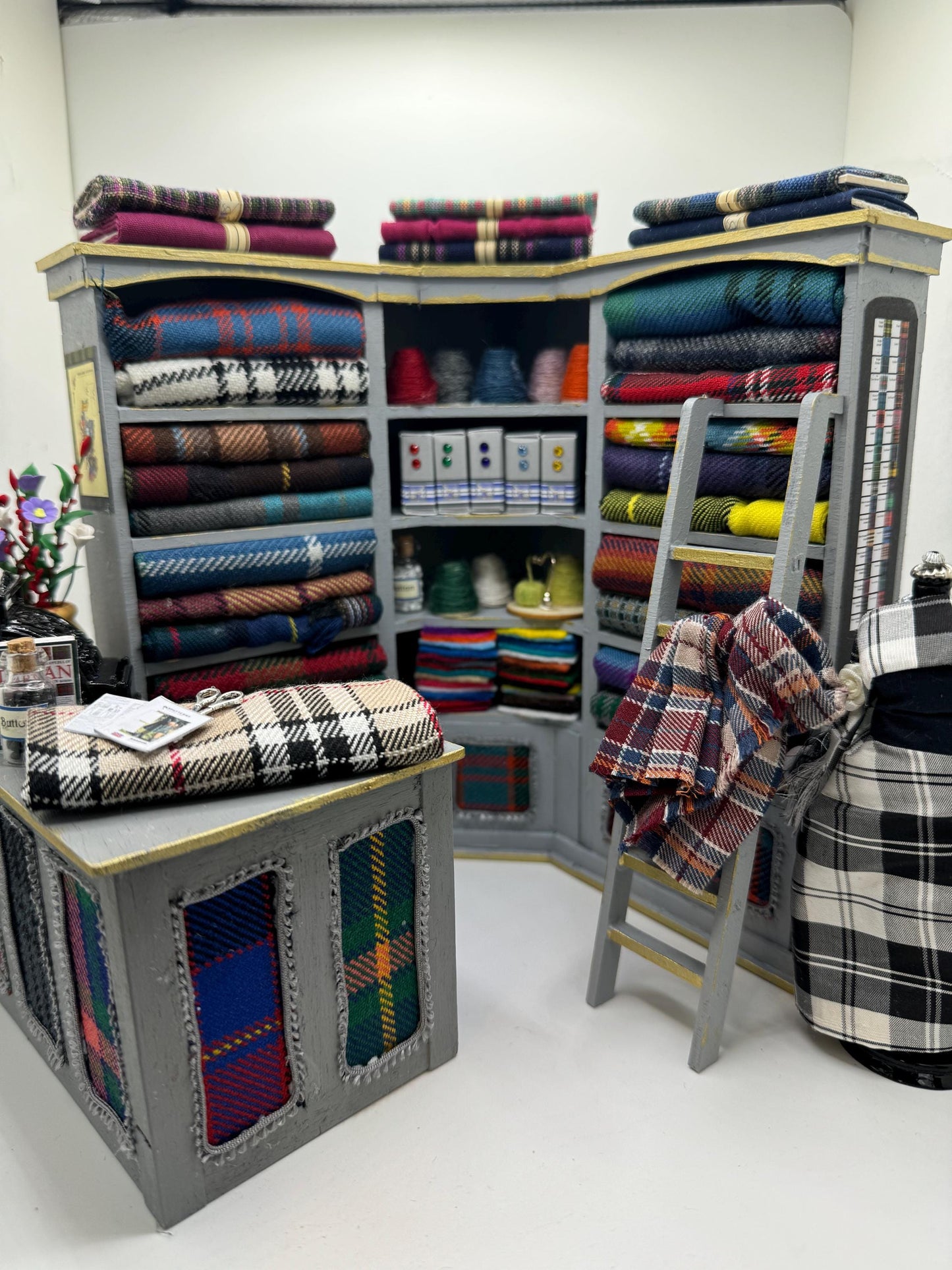 Dolls House Miniatures - 1/12th  Tartan fabric Inspired Haberdashery Shop Shelves and counter and mannequin