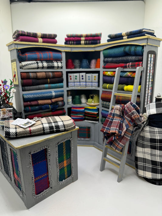 Dolls House Miniatures - 1/12th  Tartan fabric Inspired Haberdashery Shop Shelves and counter and mannequin