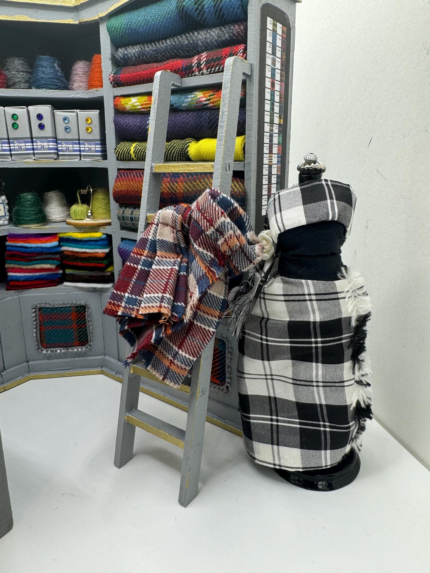 Dolls House Miniatures - 1/12th  Tartan fabric Inspired Haberdashery Shop Shelves and counter and mannequin