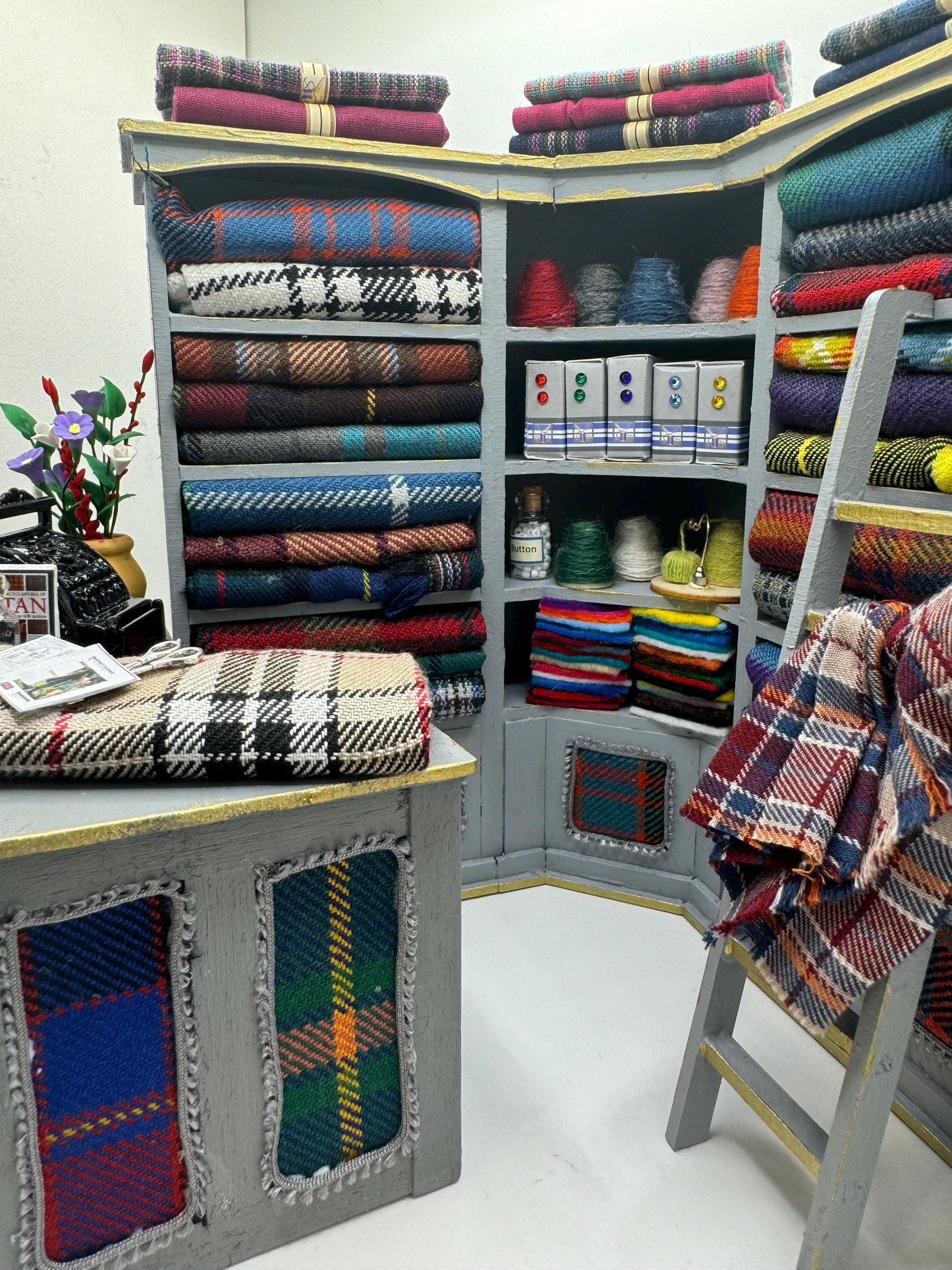Dolls House Miniatures - 1/12th  Tartan fabric Inspired Haberdashery Shop Shelves and counter and mannequin