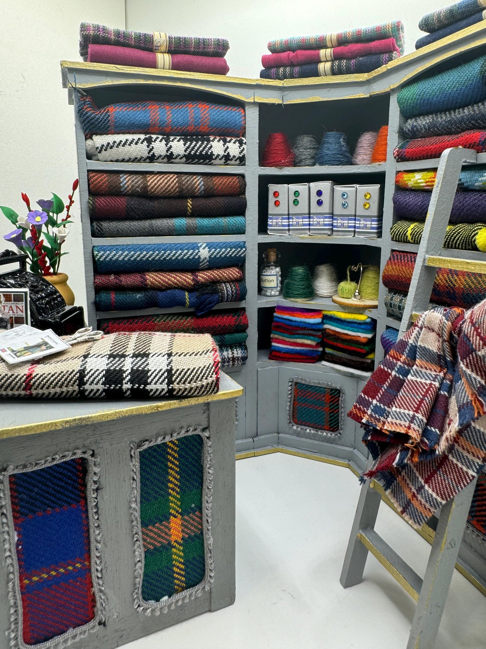 Dolls House Miniatures - 1/12th  Tartan fabric Inspired Haberdashery Shop Shelves and counter and mannequin