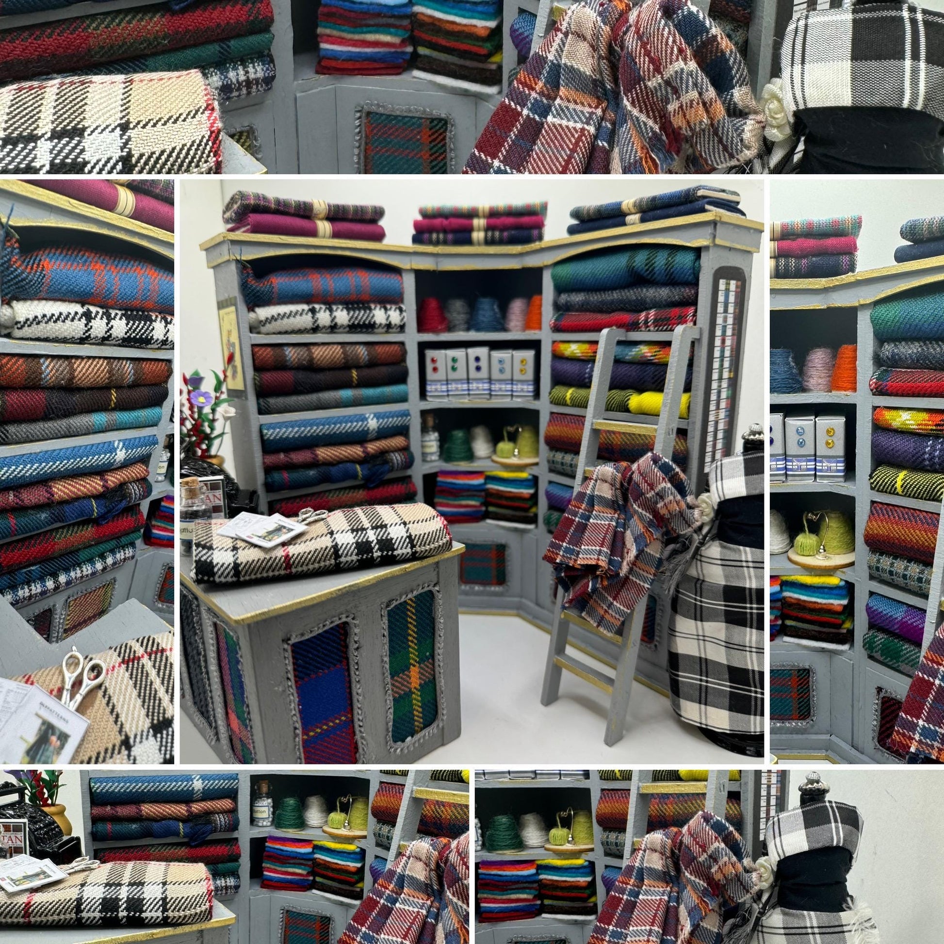 Dolls House Miniatures - 1/12th  Tartan fabric Inspired Haberdashery Shop Shelves and counter and mannequin