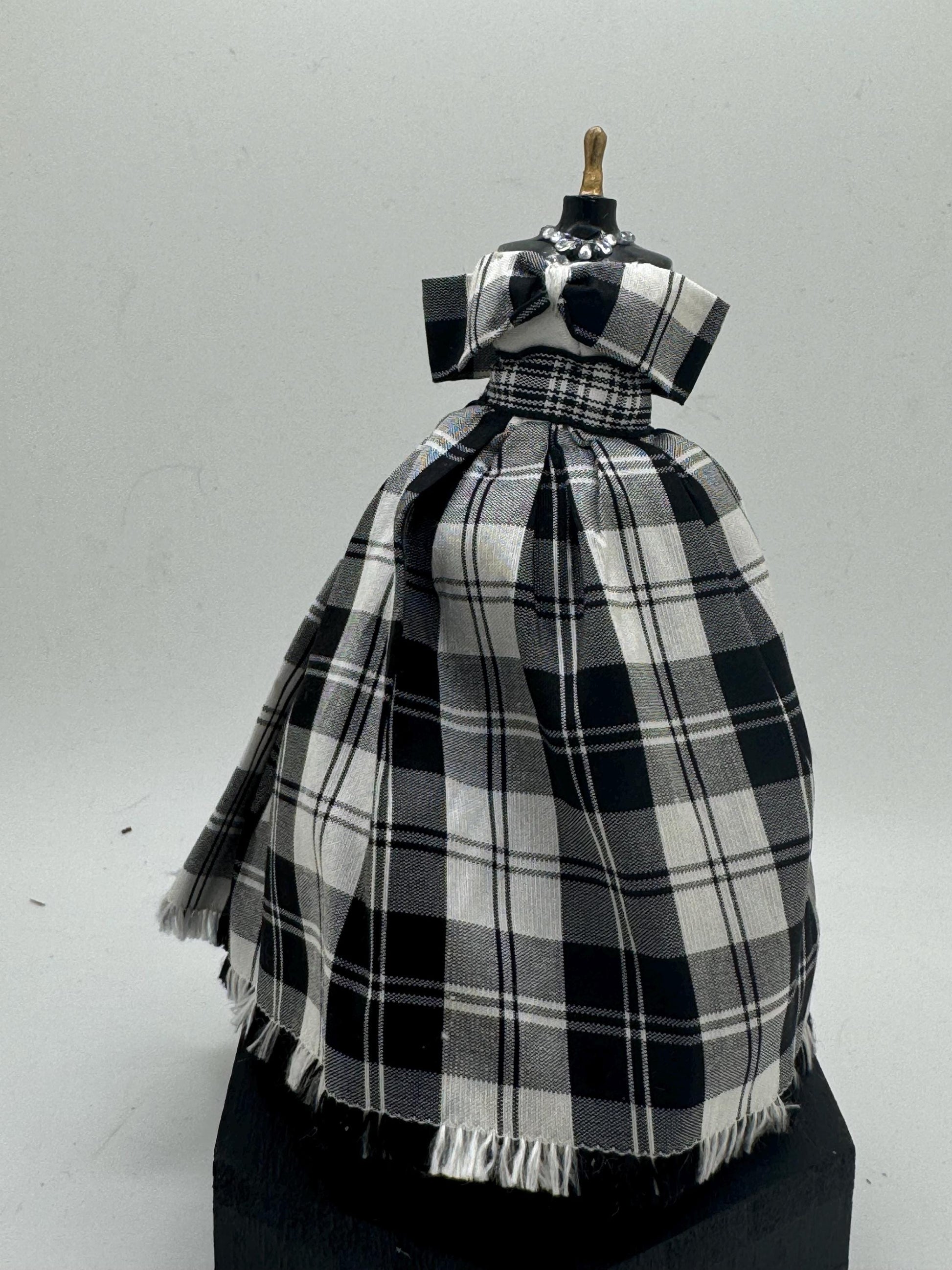 Dolls House Miniatures - 1/12th silk tartan ball gown